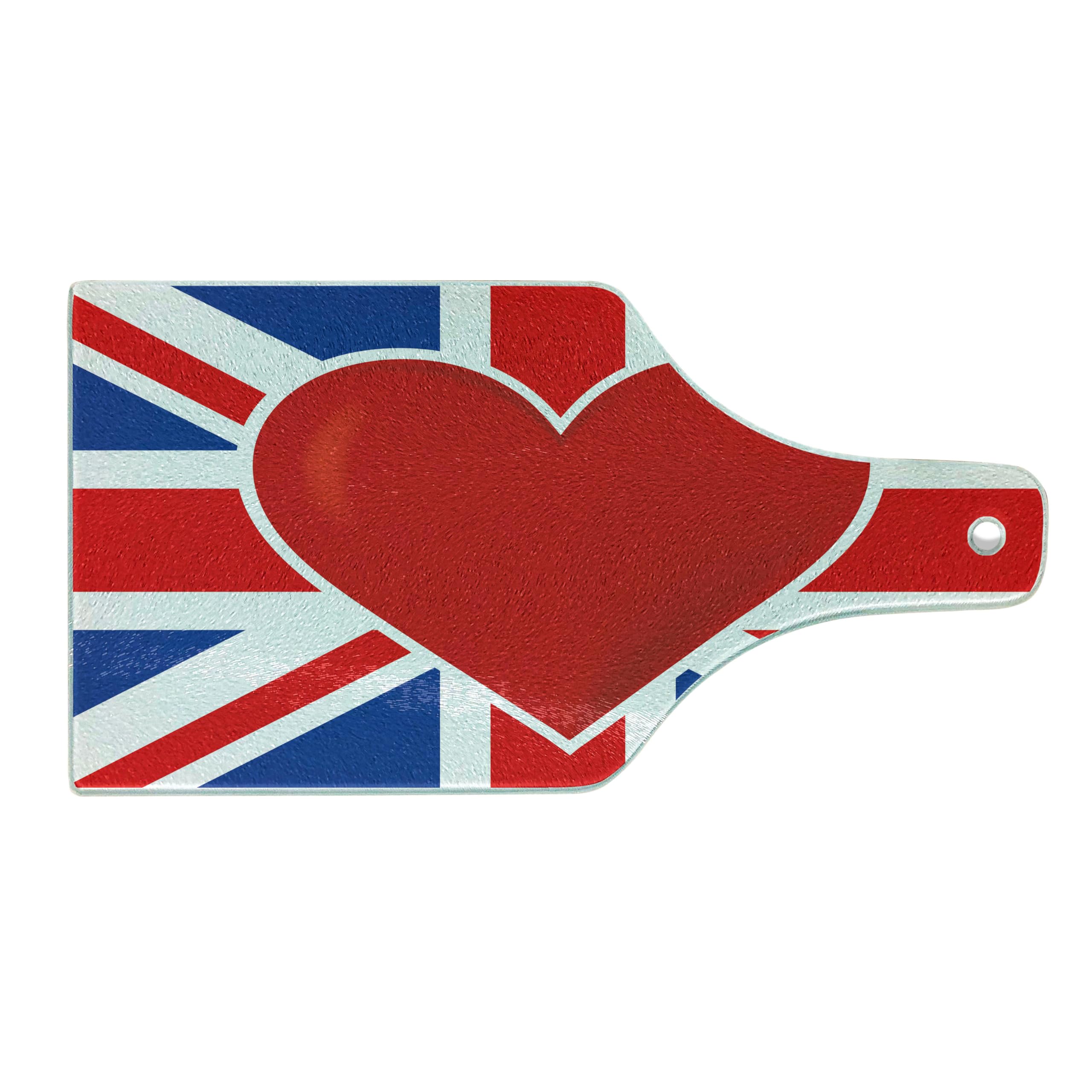 Ambesonne Union Jack Cutting Board - British Flag with Red Heart Center, Tempered Glass Serving Board for Kitchen & Dining - Wine Bottle Shape in Royal Blue, Red & White - Perfect for Entertaining, Gifts & British-Themed Decor