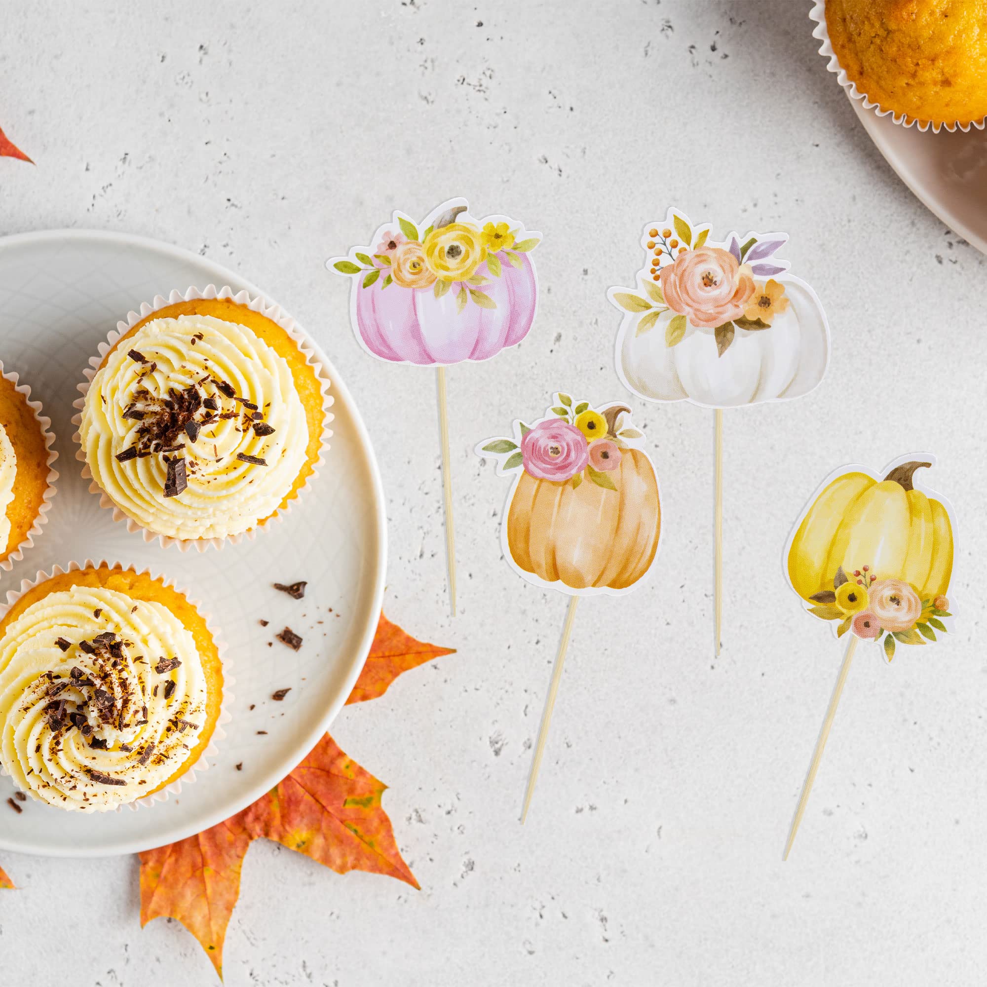 36Pcs Fall Pumpkin Cupcake Toppers - Floral Pumpkin Cake Decorations for Thanksgiving, Baby Shower, Gender Reveal & Girls' Birthday Party | Autumn Harvest Theme Party Supplies