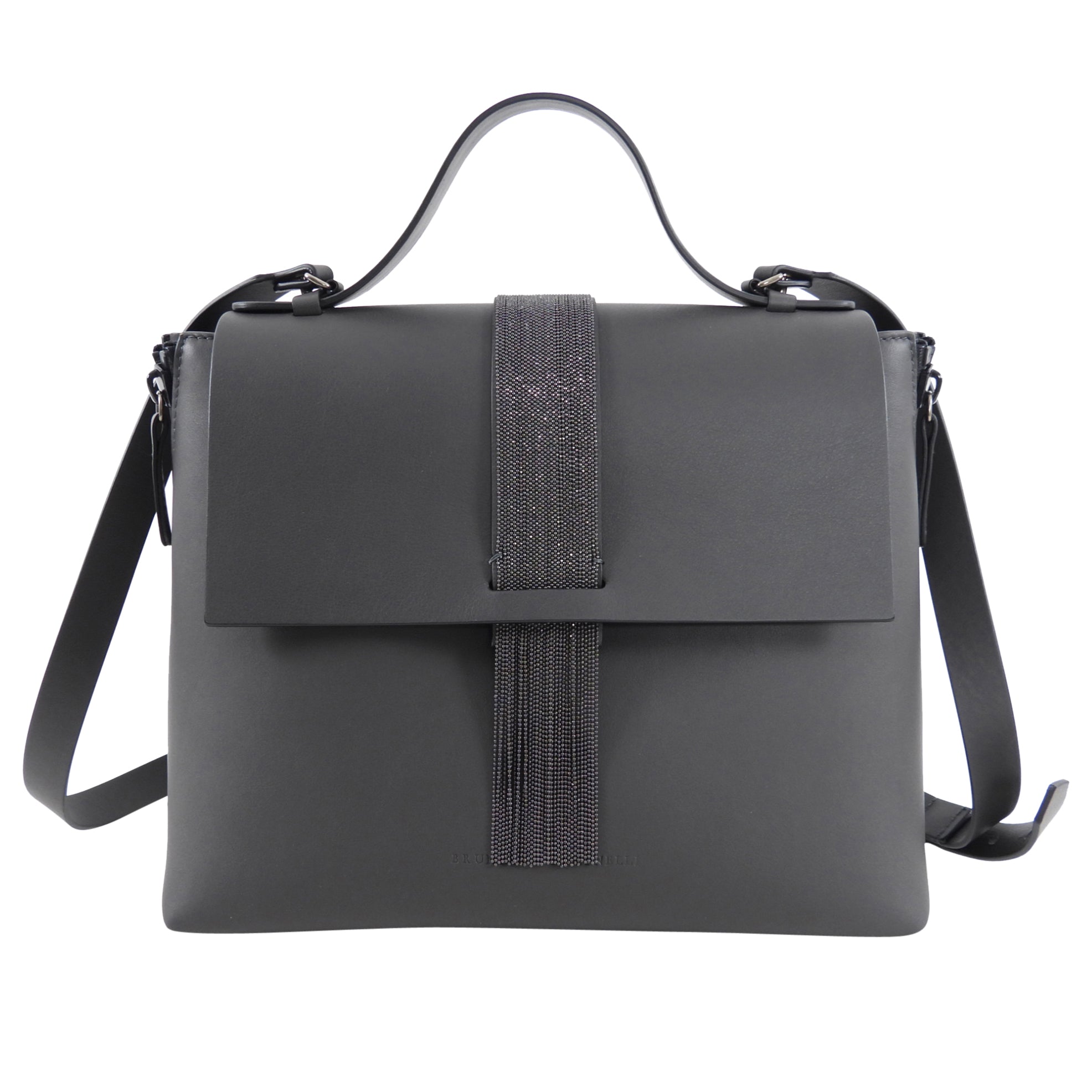 Brunello Cucinelli Grey Leather Monili Two-Way Satchel Bag for Women - Luxury Designer Handbag for Work, Travel & Everyday Use