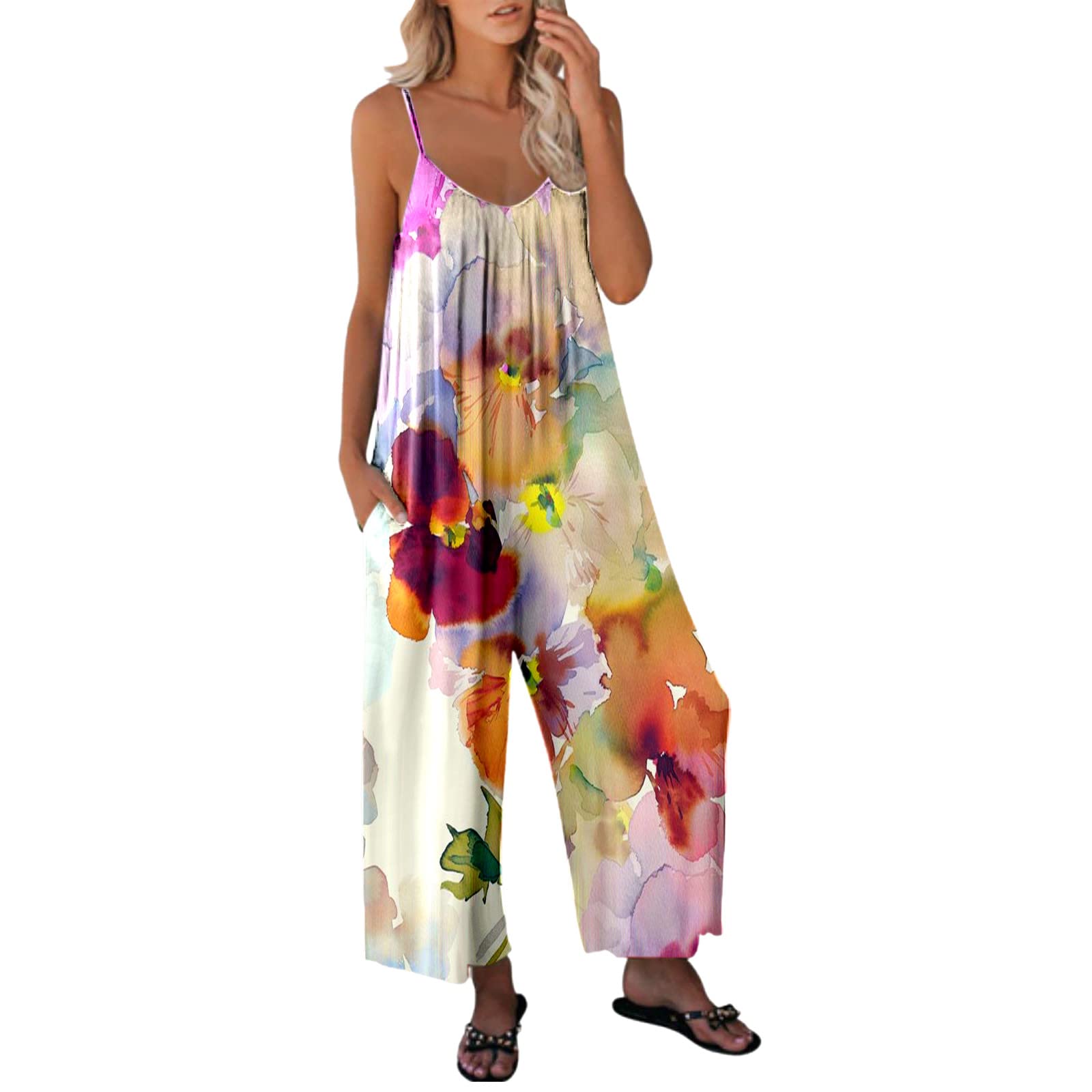 Women's Casual Sleeveless Floral Print Jumpsuit - Summer Loose Romper with Pockets & Adjustable Straps | Perfect for Beach Vacations, Outdoor Parties & Everyday Wear
