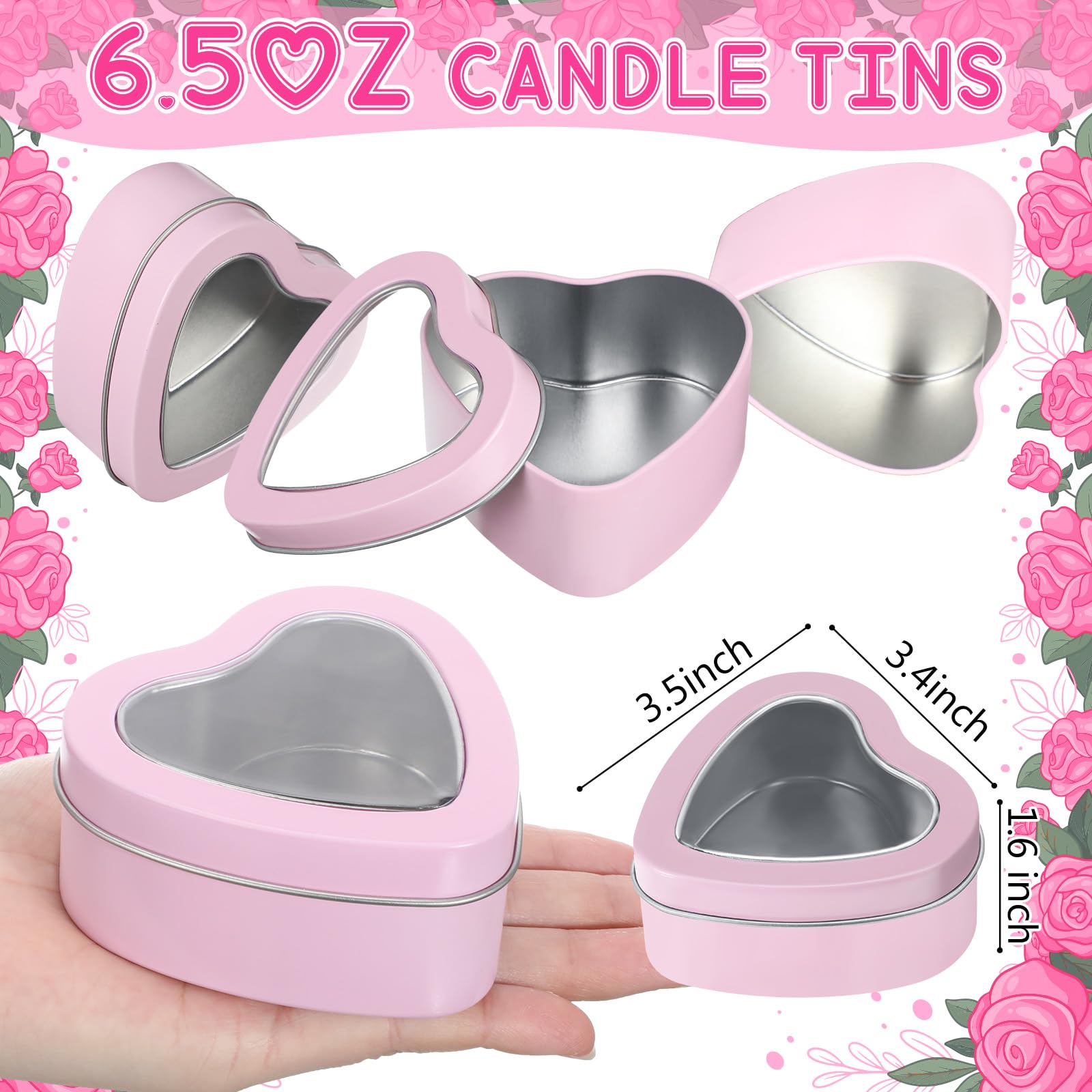 12 Pcs 6.5 oz Heart Shaped Metal Tins with Clear Window Lids - Valentine's Day Candle Containers, Empty Heart Box for DIY Candle Making, Candy Storage, Gift Packaging & Jewelry Organizer (Pink) - Perfect for Romantic Gifts, Wedding Favors, Party Decor & Home Storage