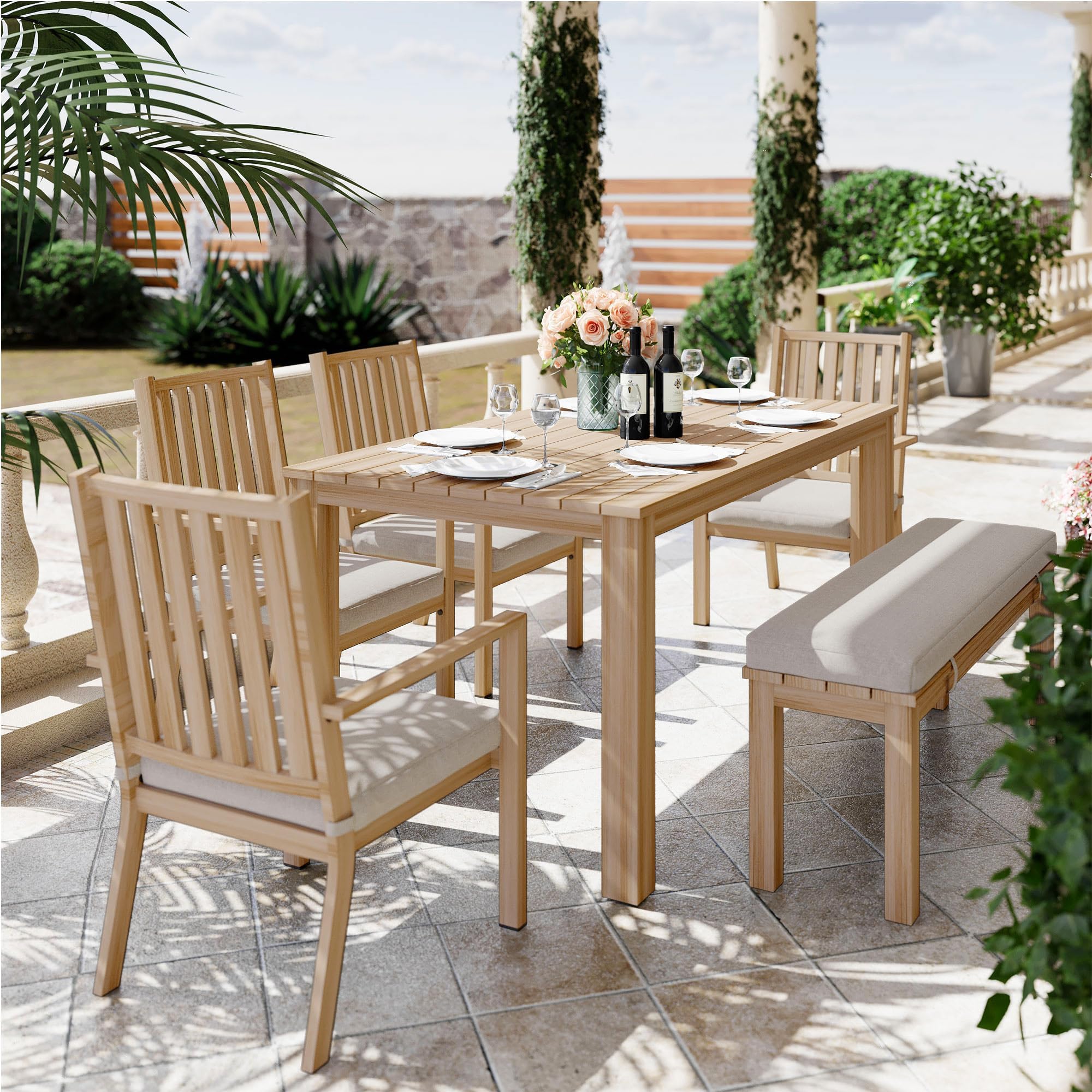 RoyalCraft Aluminum 6-Piece Patio Dining Set - Outdoor Dining Table with 4 Chairs & Bench - Weather-Resistant Brown Patio Furniture with Removable Cushions - Perfect for Garden, Backyard, Lawn & Outdoor Entertaining