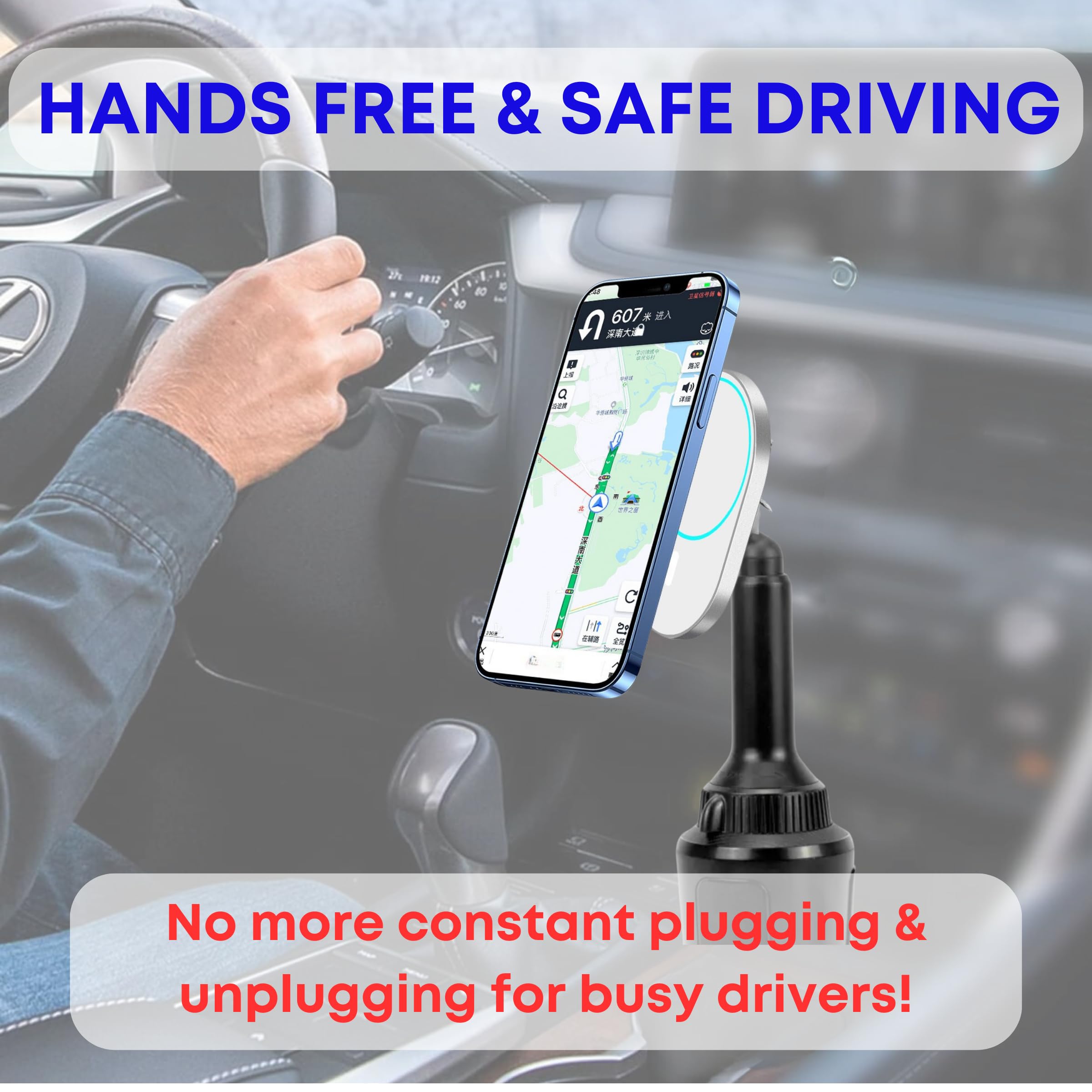 MagSafe Car Cup Holder Mount - 15W Fast Charging for iPhone 12/13/14/15 | Adjustable Extendable Arm with 360° Rotation | Compatible with MagSafe Cases | Perfect for Drivers & Passengers - Use While Commuting, Road Trips & Daily Driving