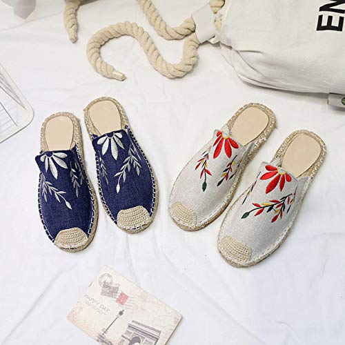 Women's Linen Knit Fisherman Mules - Backless Slip-On Loafers with Embroidery | Comfortable Summer Slippers & Sandals for Beach, Home, and Casual Outings