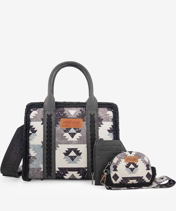 Wrangler Aztec Sherpa Trim Crossbody Purse Set for Women - Stylish Boho Shoulder Bag with Fringe Detail - Perfect for Casual Outings, Music Festivals & Travel Accessories