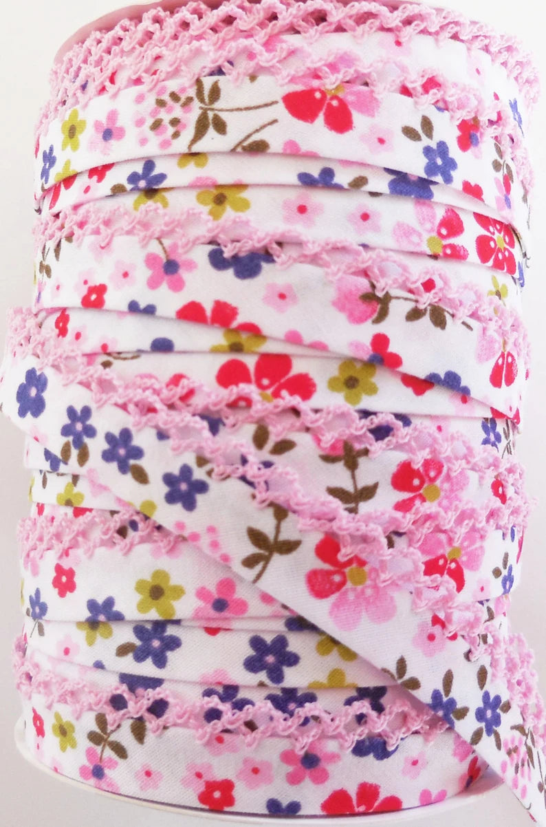 Pink & Purple Floral Double Fold Lace Bias Tape by the Yard - Perfect for Sewing, Quilting, and DIY Clothing Embellishments