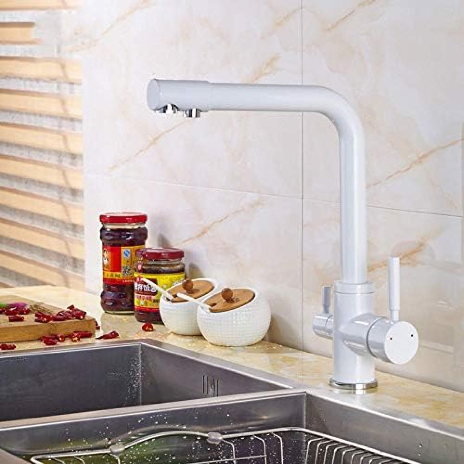 CRJUS White Single Hole Deck Mount Kitchen Sink Faucet - Baked Painting, Pur Water Filter, Basin Mixer Tap for Modern Home & Restaurant Use