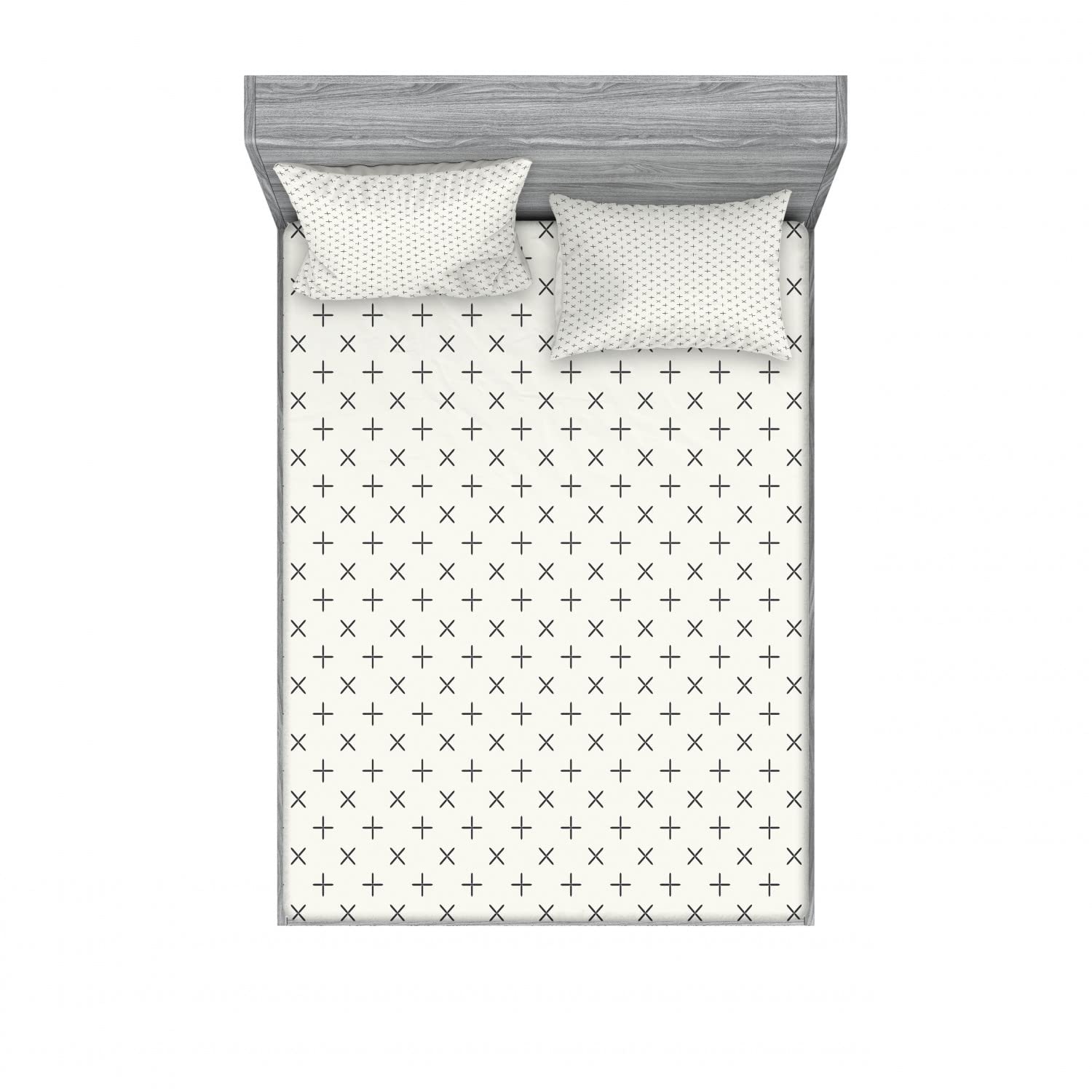 Ambesonne Geometric 2-Piece Full Size Fitted Sheet Set with 4 Pillow Shams - Pale Floral Grey Beige Bedding Decor for Modern Bedroom & Guest Room