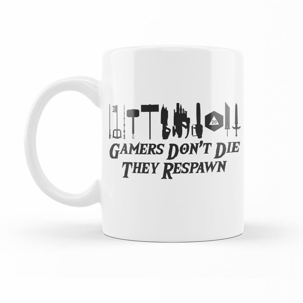 LINDENPAL Gameboy Inspired 11oz White Ceramic Coffee Mug - Funny 'Gamers Don't Die They Respawn' Novelty Cup - Perfect Gift for Gamers, Dad, Mom, Daughter, Son & Friends - Great for Gaming Sessions, Office Use & Coffee Breaks