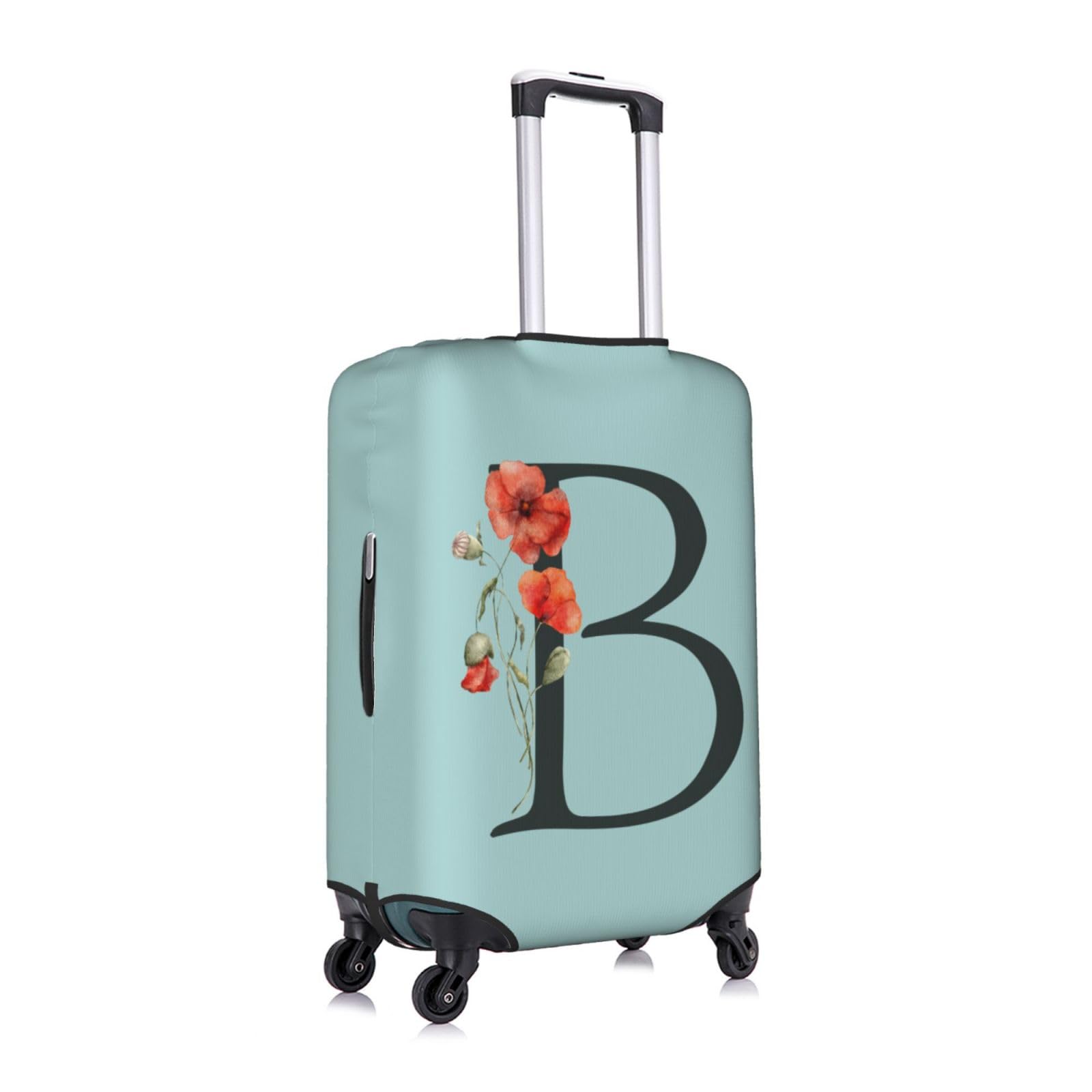Spandex Blue Suitcase Protector Cover with Black Letter B & Boho Floral Poppy Leaves Design - Dust-Proof Washable Luggage Bag for 25-28 Inch Wheeled Suitcases (Kids & Adults) - Perfect for Travel, Airplane Trips & Vacation Packing