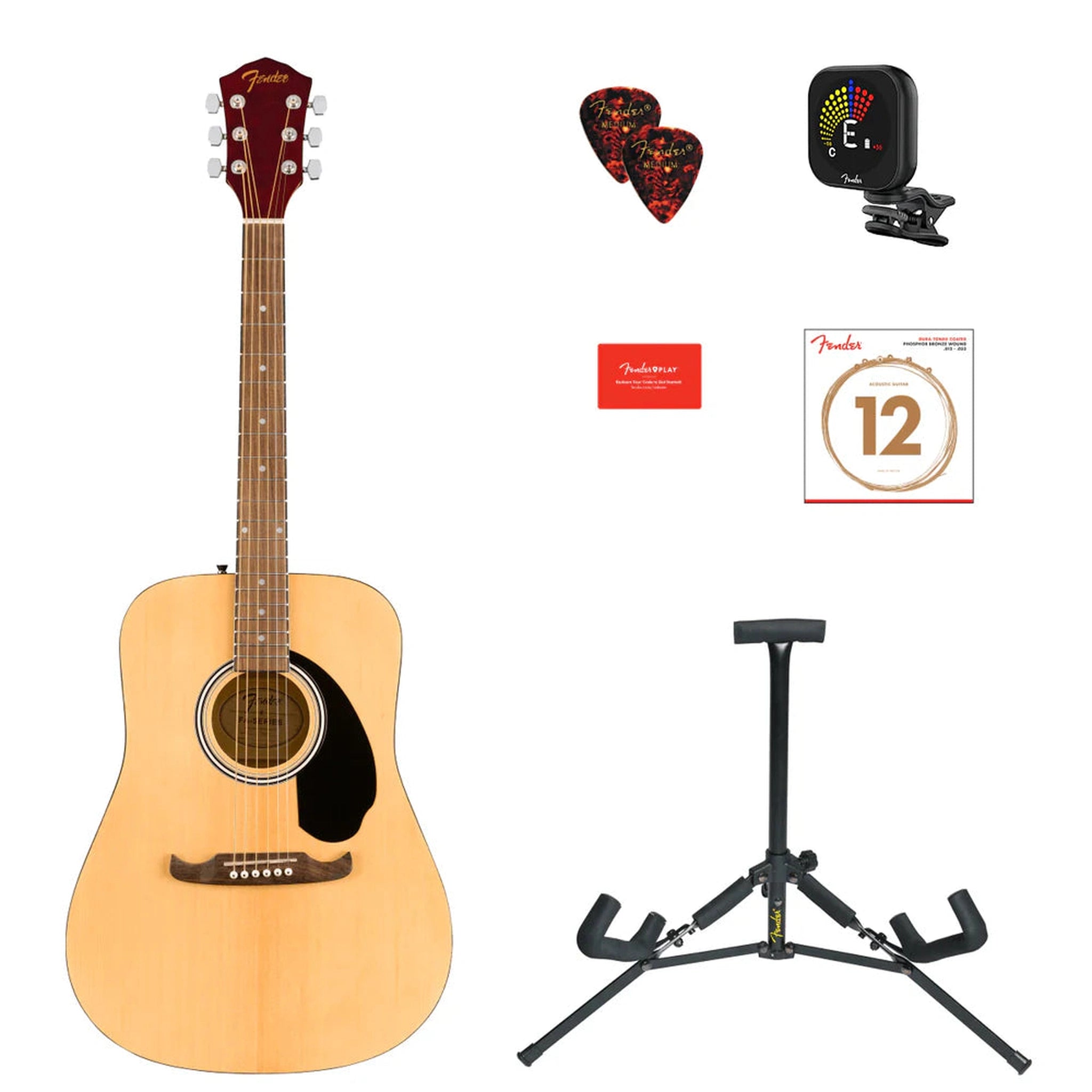 Fender FA-125 Dreadnought Acoustic Guitar Pack with Gig Bag, Tuner, Strings & Picks - Natural Finish | Perfect for Beginners, Camping & Live Performances