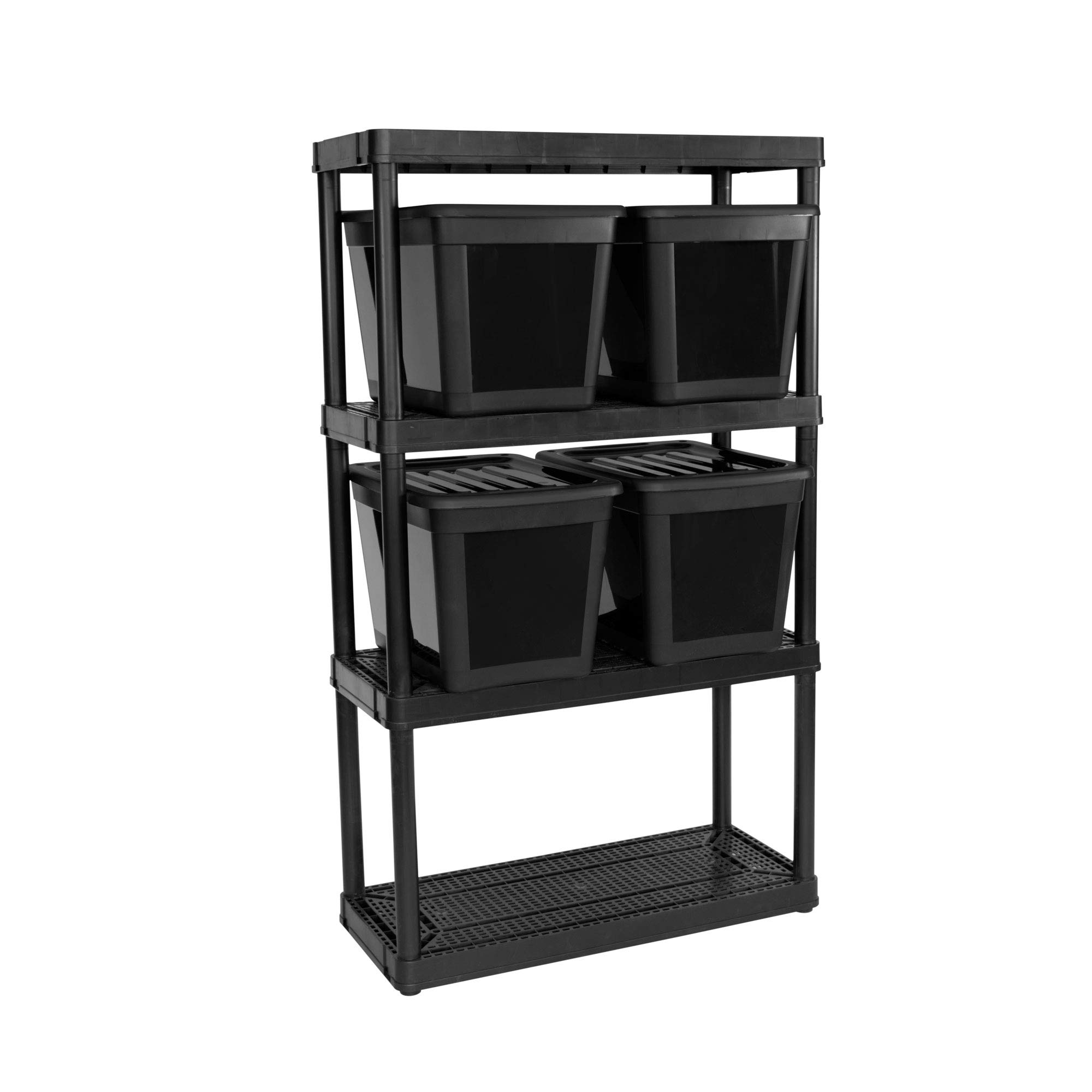 Gracious Living 4-Shelf Black Ventilated Storage Shelving Unit with 10-Gallon Bins & Lids - Medium Duty Organizer System for Garage, Closet & Home Organization