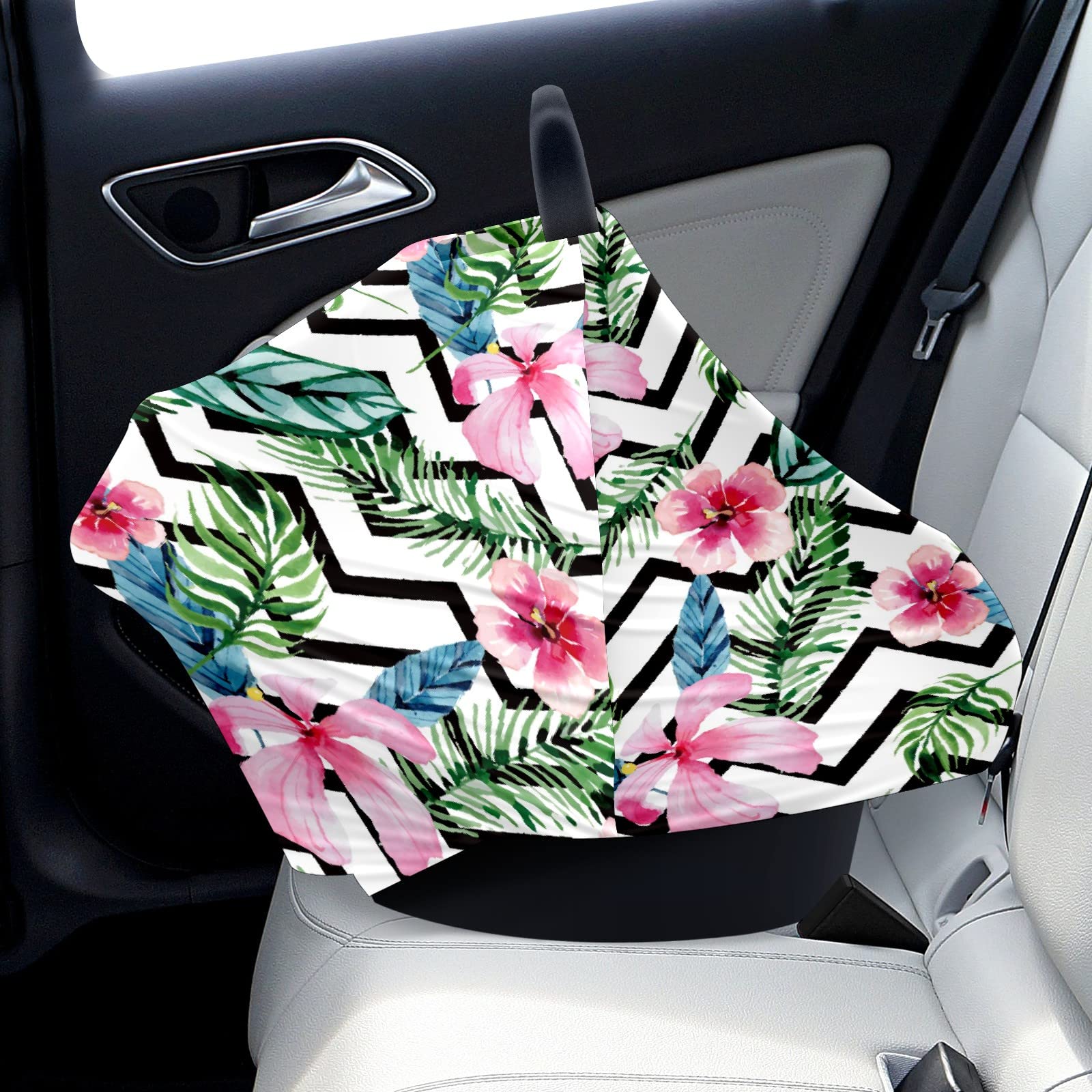 Soft Stretchy Baby Car Seat Cover & Nursing Scarf - Tropical Flower Chevron Design for Boys & Girls | Multi-Use Infant Car Canopy, Stroller Cover & Breastfeeding Accessory for New Moms | Perfect for Travel, Shopping & Outdoor Activities