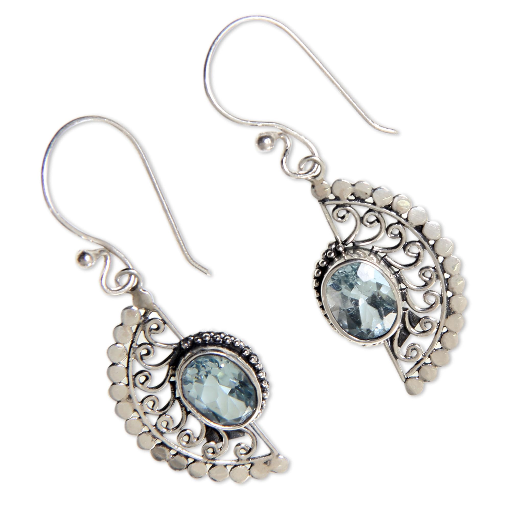 Handmade Blue Topaz Dangle Earrings - Sterling Silver Hook with Gemstone Filigree, Indonesian Artisan Jewelry, December Birthstone Gift (1.5