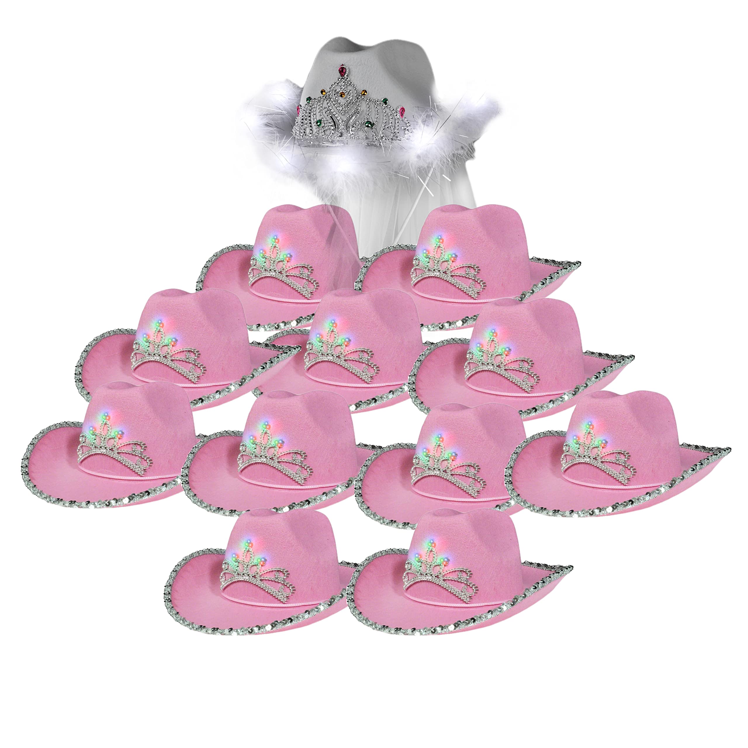 12 Pack Bachelorette Party Cowgirl Hats - Pink Western Cowboy Hat with White LED Tiara & Veil for Bridal Showers, Bachelorette Parties & Country Themed Events