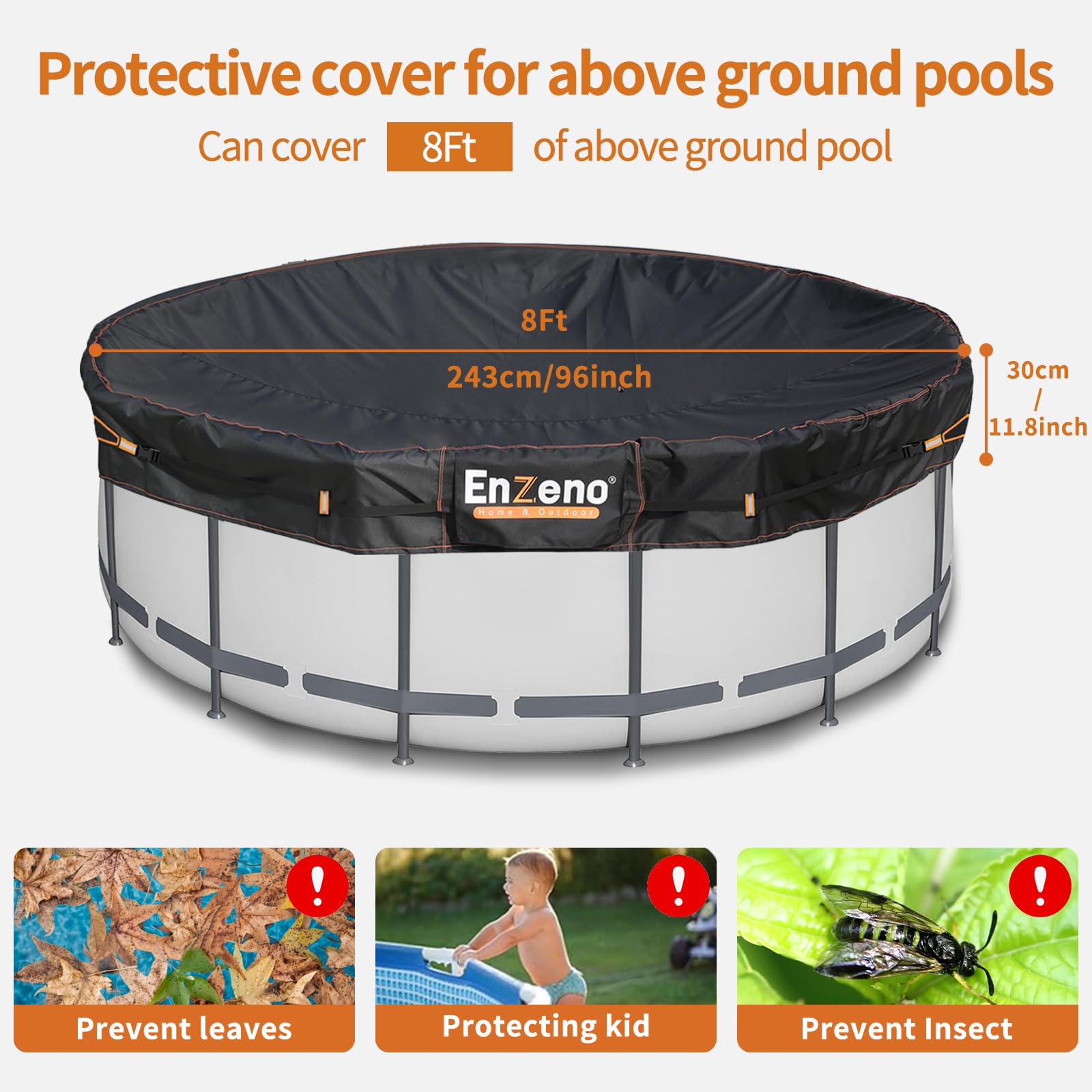 Enzeno 8 Ft Round Solar Pool Cover for Above Ground Pools, Heavy-Duty Stock Tank Cover with Vents, Waterproof & Dustproof Hot Tub Protector (Black) - Perfect for Winter Storage & Summer Heat Retention