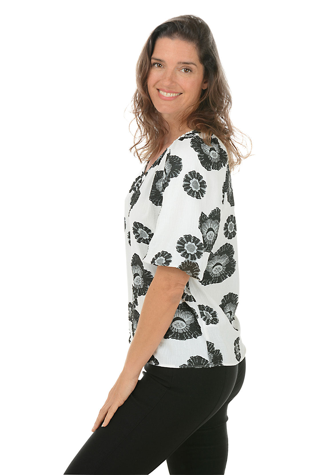 Floral Jacquard Puffed Sleeve Blouse for Women - Elegant Embroidered Top with Ruffled Cuffs - Perfect for Office, Date Night & Spring Outfits