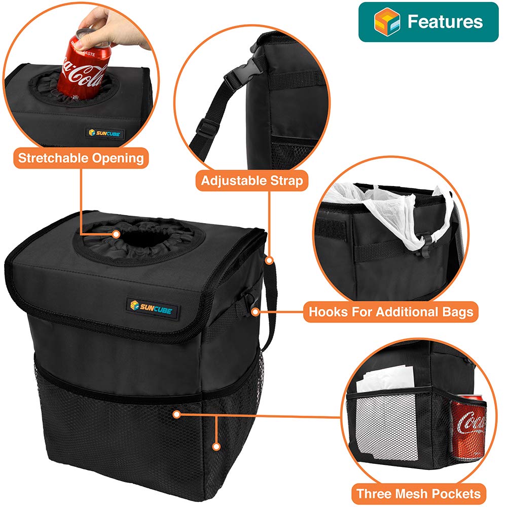 **SUN CUBE Waterproof Car Trash Can with Lid & Mesh Pockets – Leakproof Hanging Auto Garbage Bin for Headrest, Console, Truck – Car Trash Organizer with Garbage Bag Holder (Black) – Perfect for Road Trips, Commuting & Travel**