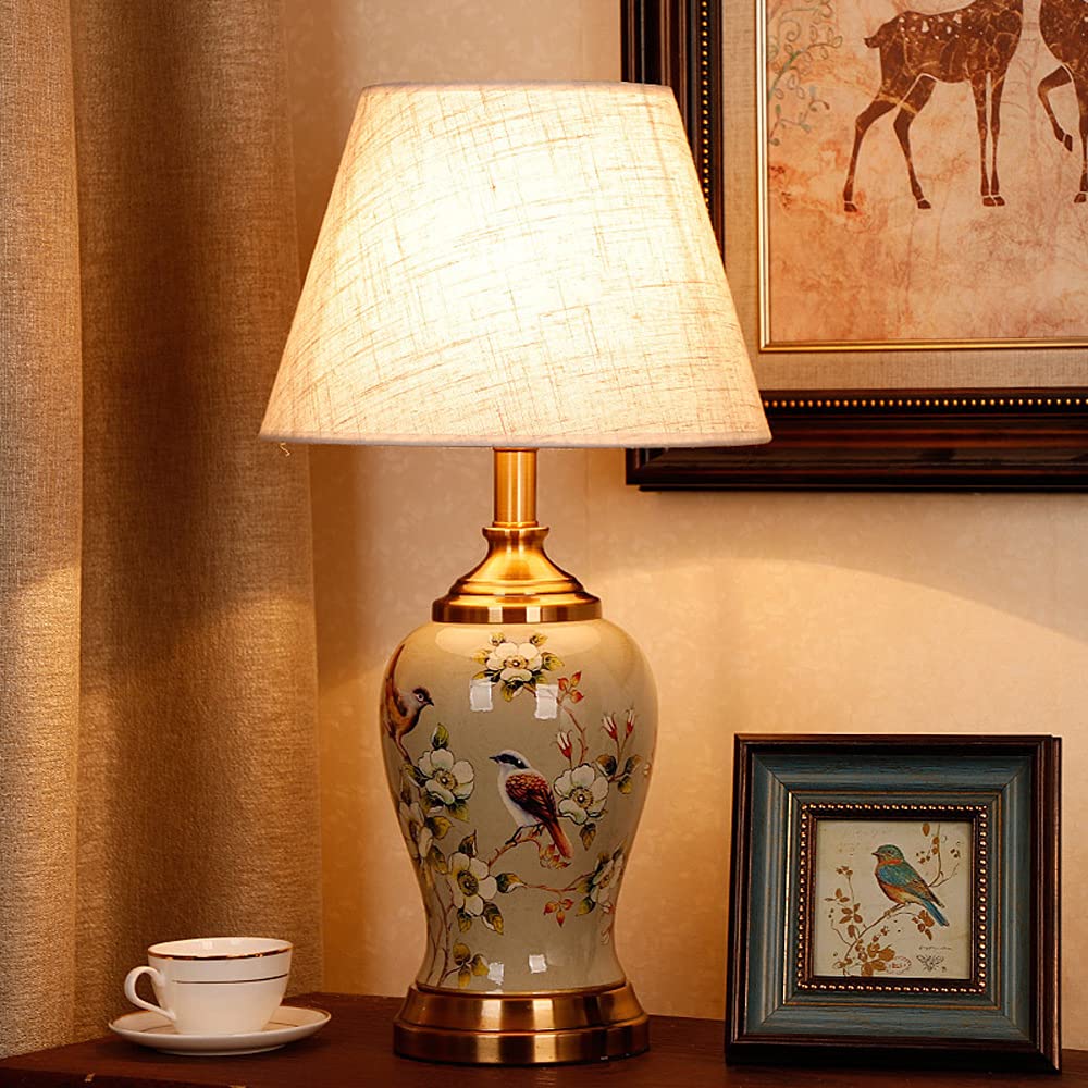 Classic Chinese Flower & Bird Ceramic Table Lamp - Large Oriental Porcelain Base with Fabric Lampshade, 22.4