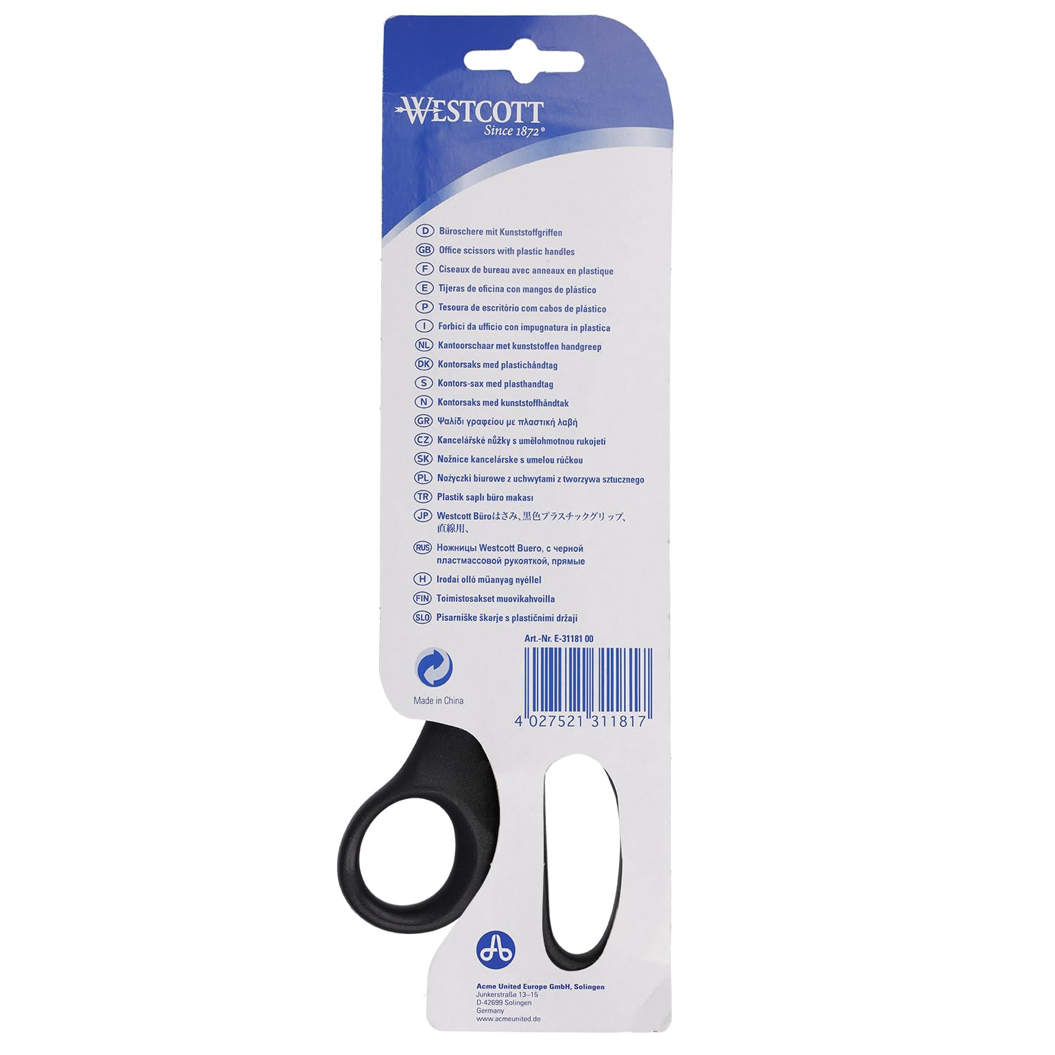 Westcott 8-Inch (20.3 cm) Stainless Steel Scissors with Black Plastic Handles - Ultra Sharp Blades for Office, Home, Crafts & School Use | Perfect for Cutting Paper, Fabric, Cardboard & DIY Projects | Model E-31181 00