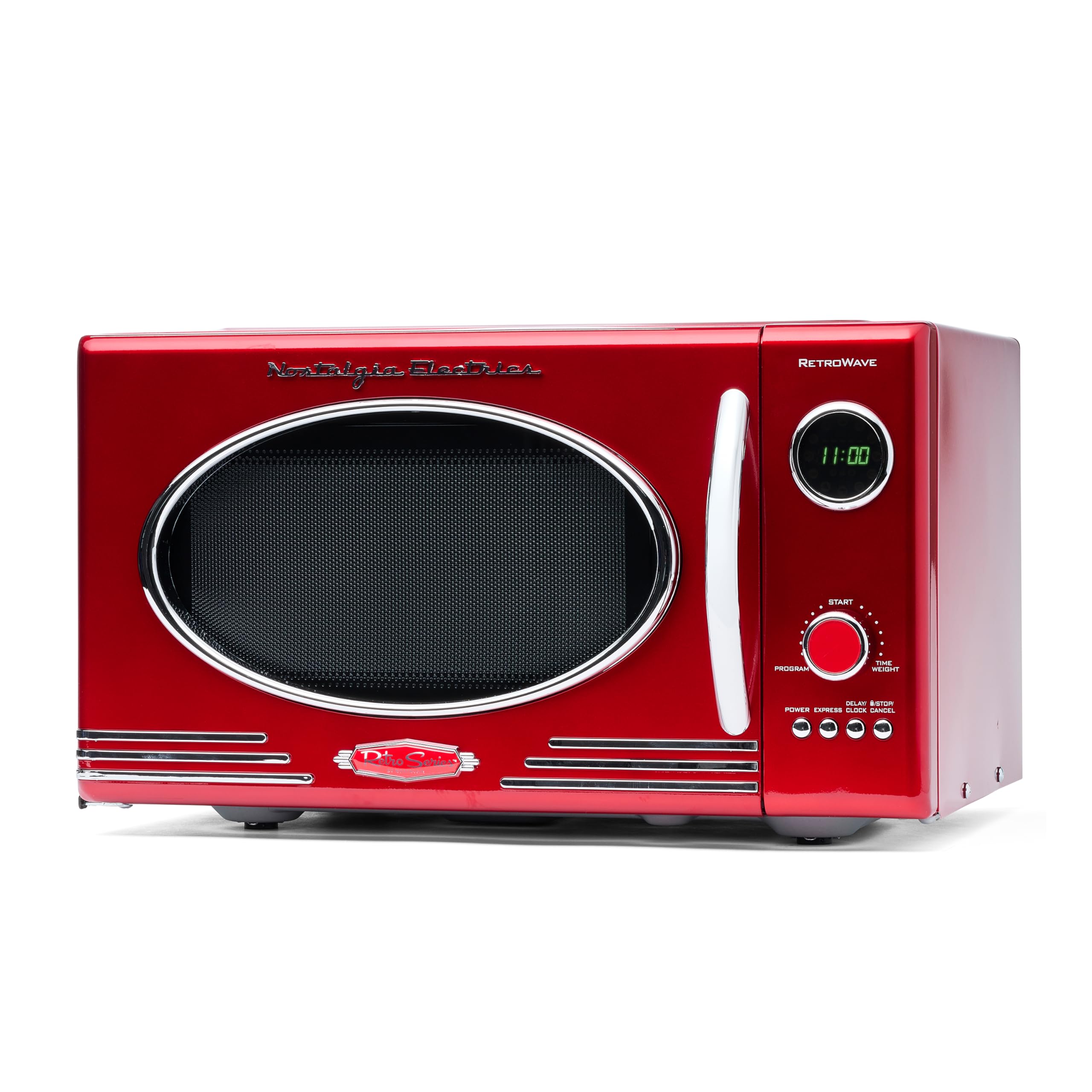 Nostalgia Retro 0.9 cu ft 800-Watt Countertop Microwave Oven with 12 Pre-Programmed Settings & Digital Clock - Metallic Red - Perfect for Small Kitchens, Dorms, Offices & RV Cooking