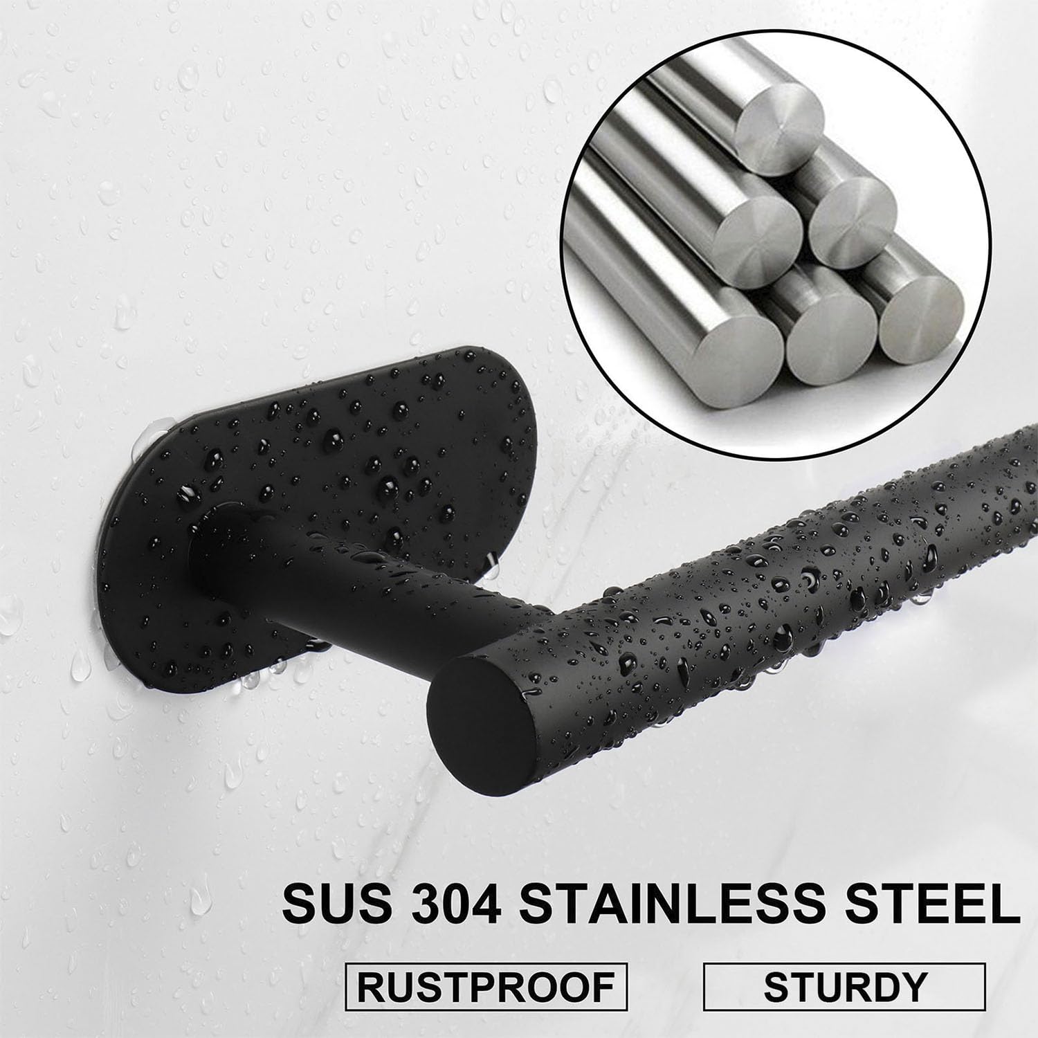 TocTen No Drill Adhesive Bathroom Towel Bar - 16 Inch Rustproof Stainless Steel Stick-On Towel Rack for Bathroom, Kitchen & RV - Matte Black Easy Install Damage-Free Towel Holder for Showers, Spas & Small Spaces