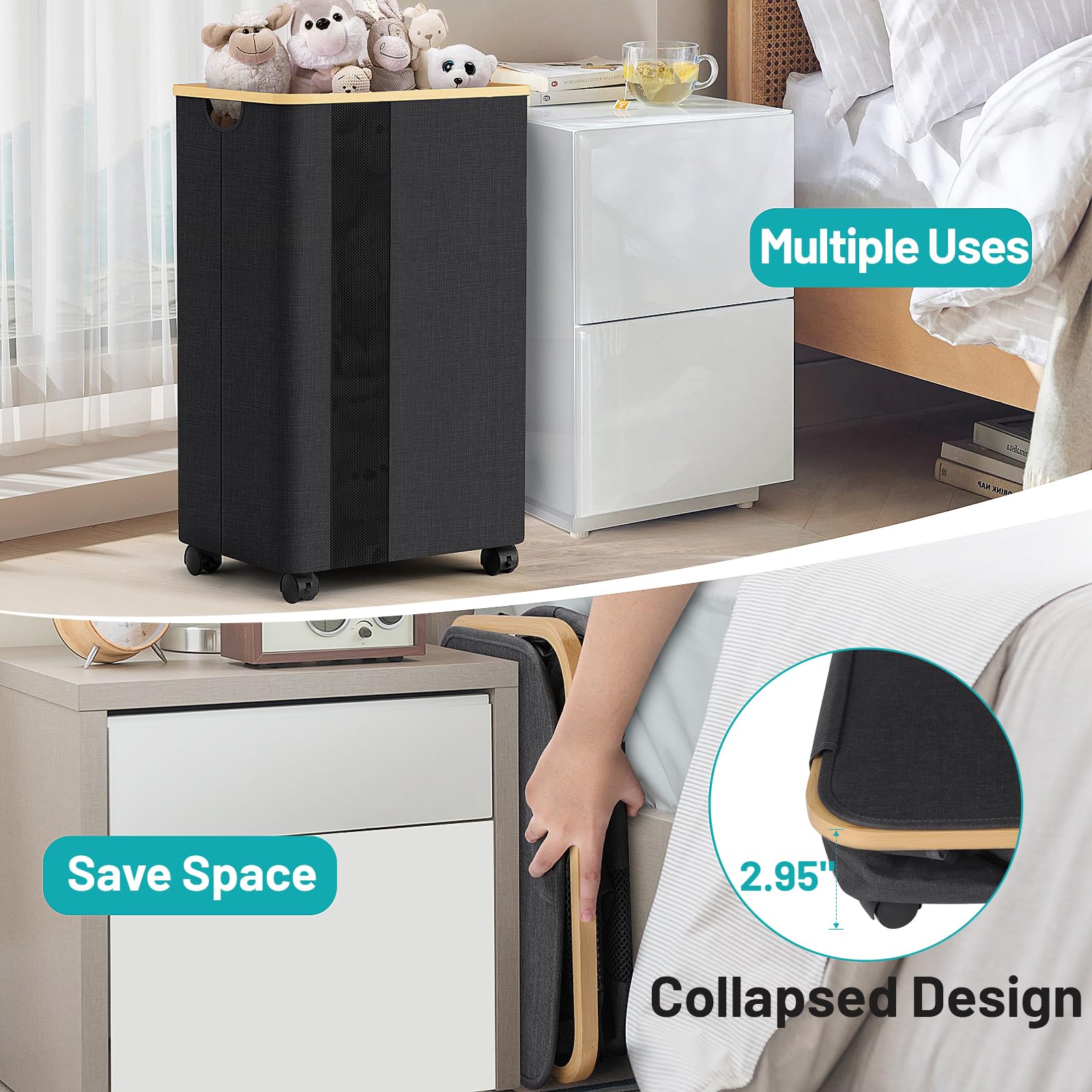 BlissTotes 75L Slim Laundry Hamper with Wheels & Lid - Collapsible Laundry Basket with Internal Support & Handles for Bathroom, Bedroom, Dorm - Perfect for Space Saving & Easy Clothes Storage (Gray)