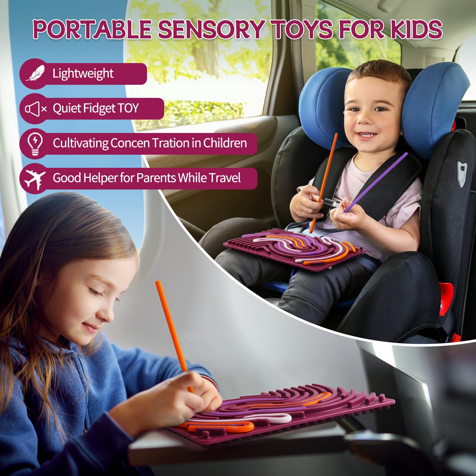 Double-Sided Silicone Sensory Fidget Board for Kids & Adults - Stress Relief, Anxiety, ADHD & Autism Therapy - Includes 20 Strings & Portable Storage Bag (Purple) - Perfect for Home, Office, Travel & Classroom Use