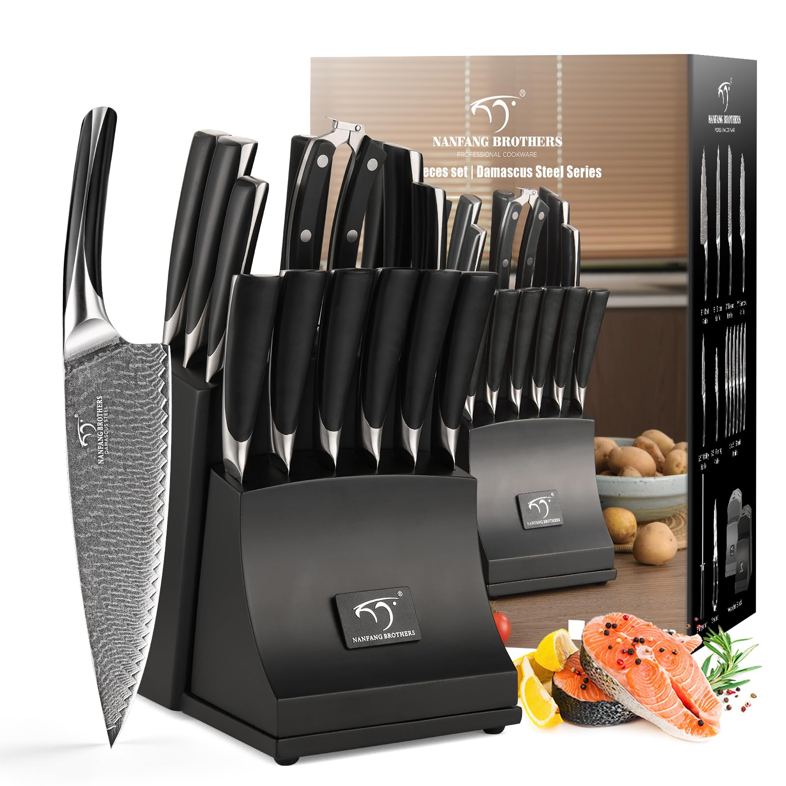 Premium 15-Piece Damascus Steel Knife Set with Wooden Block - Professional Chef Knives, Carving Fork & Ergonomic ABS Handles - Perfect for Home Cooking, BBQ & Gourmet Meal Preparation (Black)