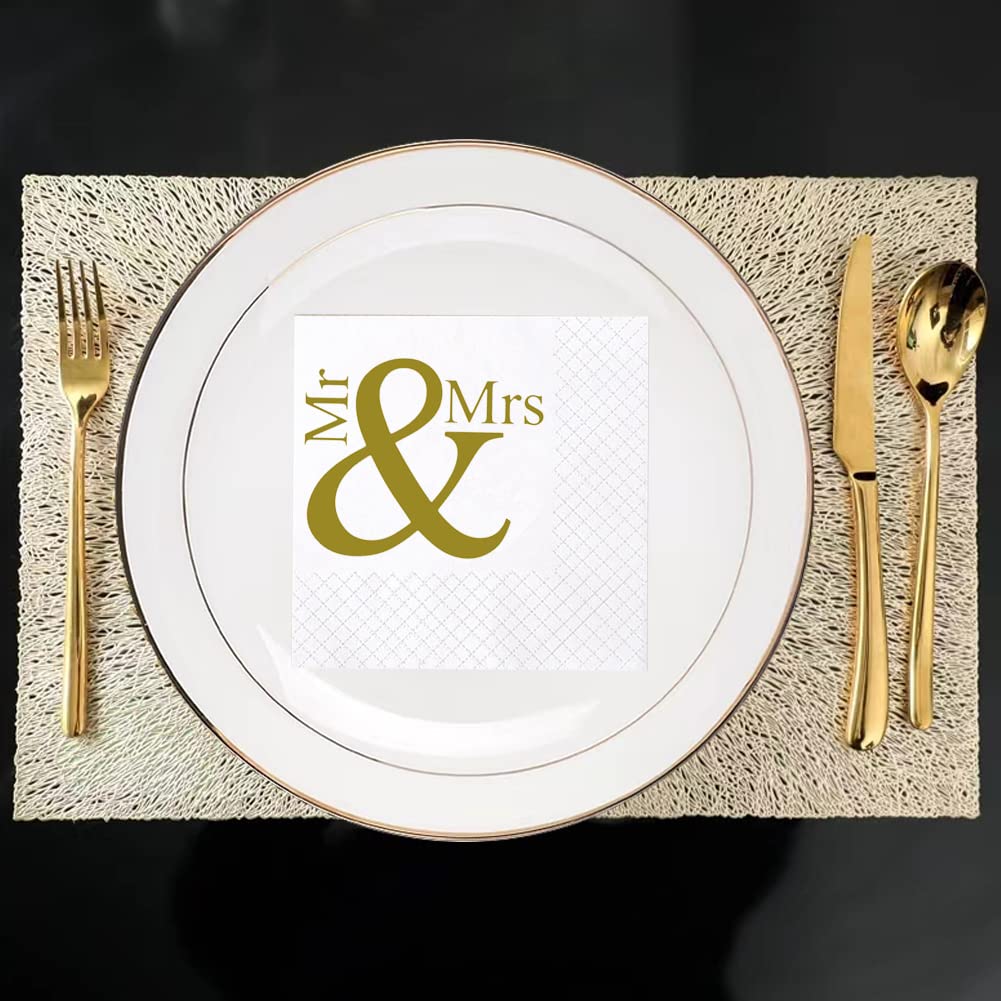 100-Pack Gold Mr and Mrs Wedding Cocktail Napkins - Premium 2-Ply 5x5 Inch Bridal Shower, Engagement, Anniversary & Bachelorette Party Supplies | Perfect for Wedding Receptions, Bridal Showers & Special Celebrations