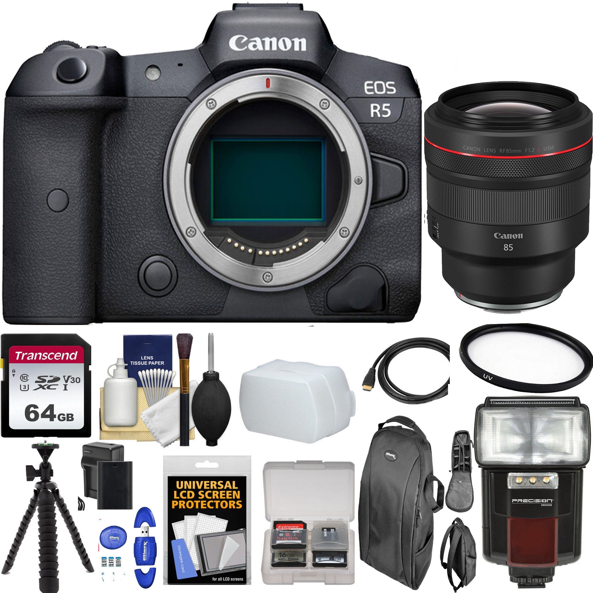 Canon EOS R5 Full Frame Mirrorless Camera with RF 85mm f/1.2L USM Lens | 64GB Memory Card & Accessories Kit | Professional Photography, Videography & Content Creation