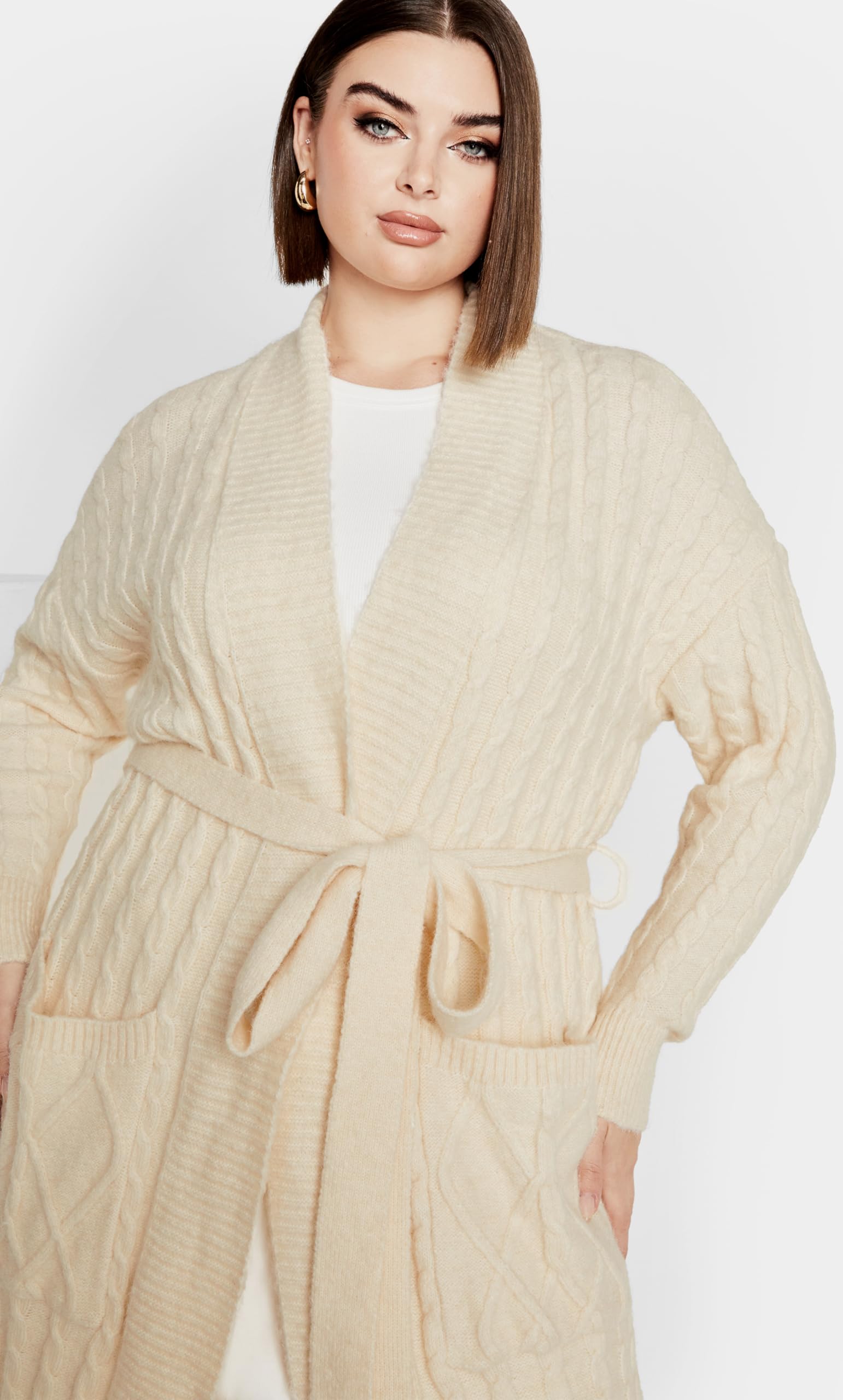 Women's Plus Size Kelsey Cardigan - Soft Cream Open Front Long Sleeve Knit Sweater for Casual Wear, Office & Fall Layering