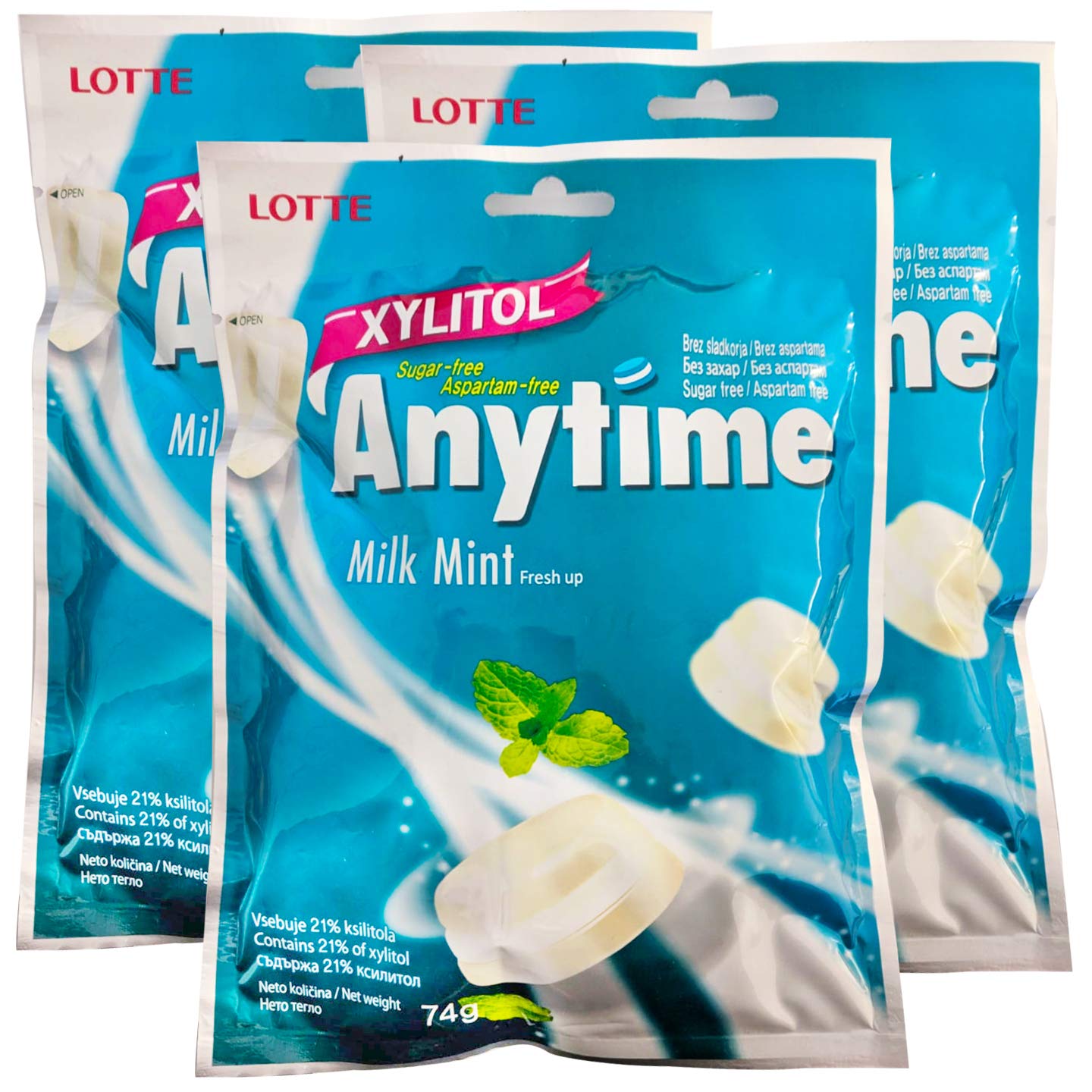 Lotte Anytime Sugar-Free Xylitol Milk Mint Candy 74g x 3 Pack - Fresh Breath Mints for Office, Travel & Daily Use - Low Calorie Healthy Snack