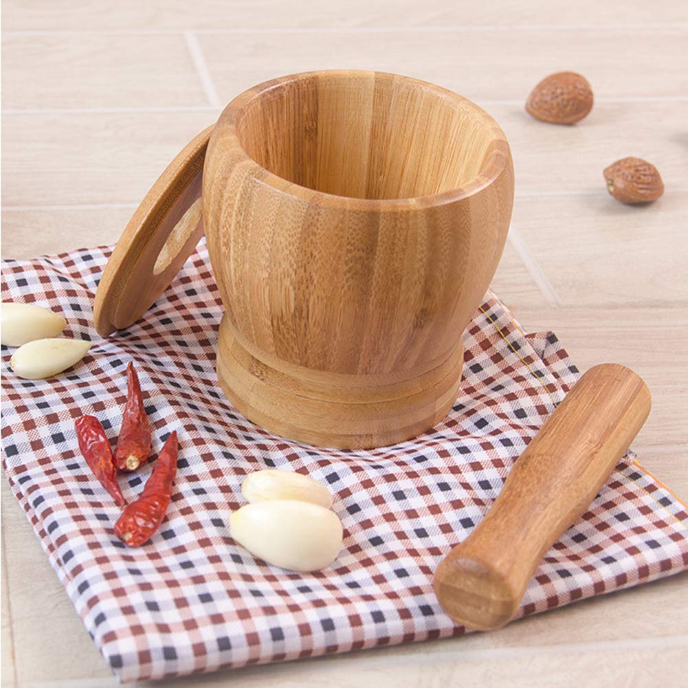 Premium Bamboo Mortar and Pestle Set with Lid - Natural Spice Grinder & Herb Mixing Bowl - Durable Kitchen Cooking Tools for Grinding Herbs, Spices, and Pesto - Perfect for Home Chefs and Ayurvedic Remedies