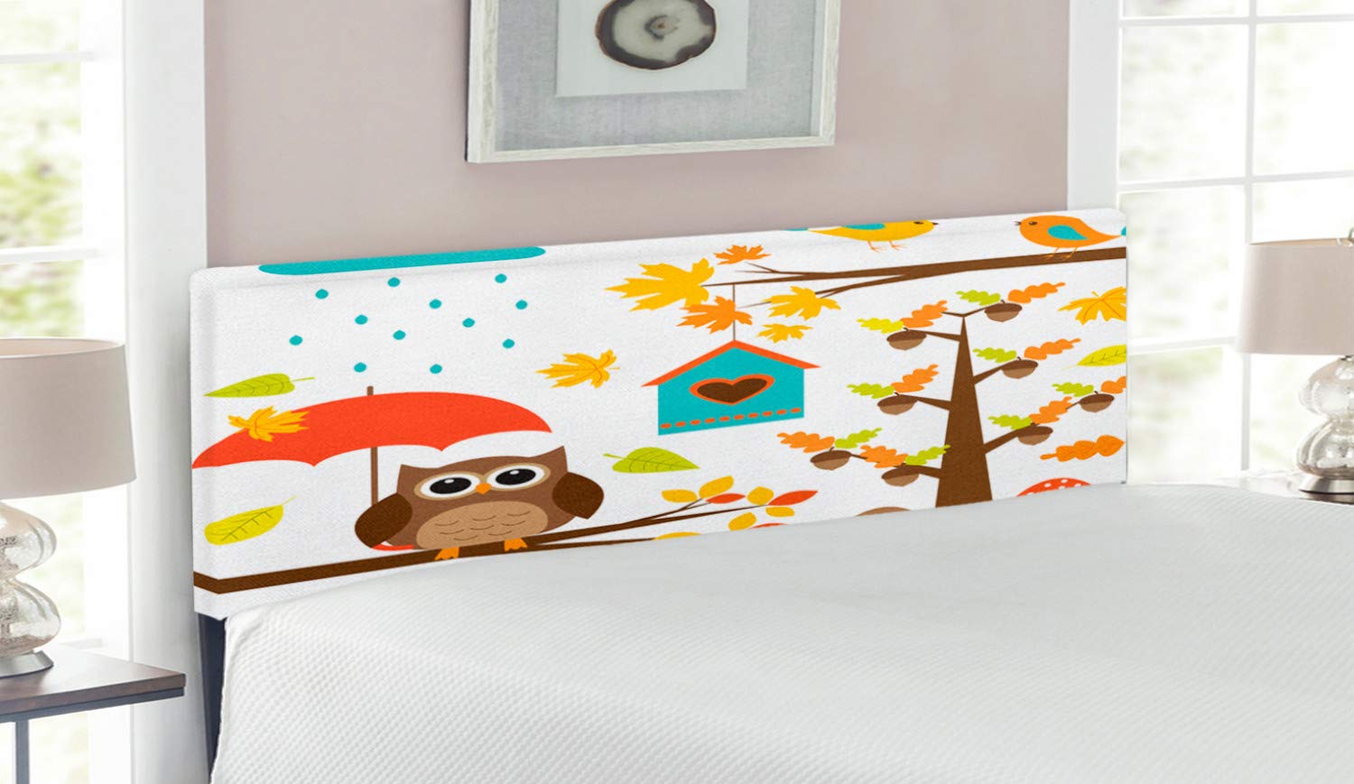 Lunarable Cartoon Headboard - Owl Birds Nest Fall Acorn Maple Tree Design, Upholstered Decorative Metal Bed Headboard with Memory Foam, Queen Size, Multicolor | Perfect for Kids' Bedrooms, Nursery Decor & Whimsical Home Interiors