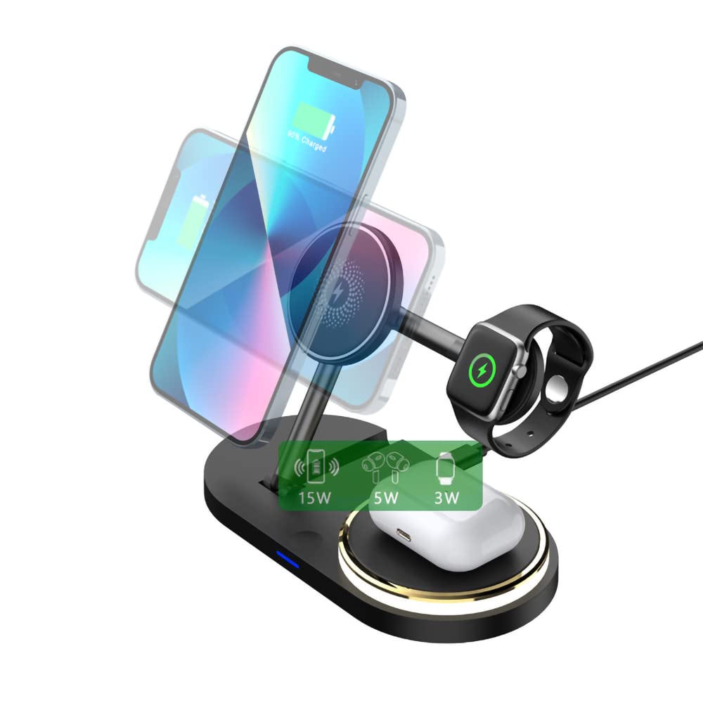 3 in 1 Wireless Charging Station for iPhone 14/13/12/11/Pro/Max, Apple Watch & AirPods - Fast Qi-Certified Charger Stand for Multiple Devices (Black) | Perfect for Bedside, Office Desk & Travel Accessories