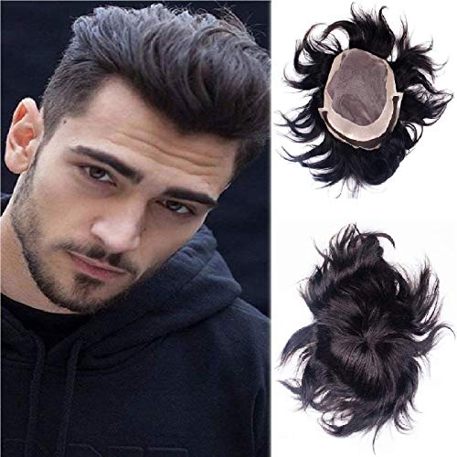 Premium VIEWS FRONT LACE Smart Hair Patch for Men - 100% Natural Human Hair Wig with Easy Tape/Clip Attachment (7x5, Real Black) - Perfect for Thinning Hair, Bald Spots & Daily Styling