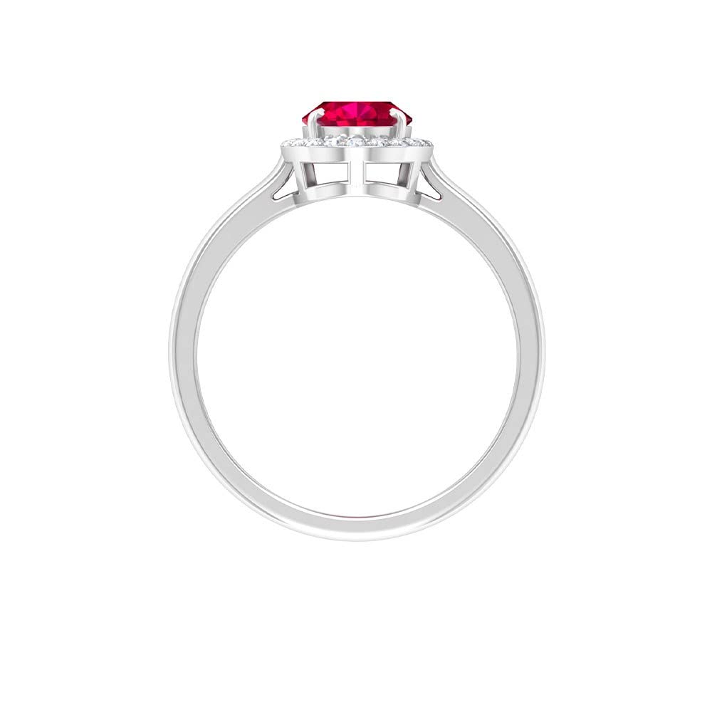 1.75 CT Oval Created Ruby & Moissanite Halo Engagement Ring in 14K White Gold - AAAA Quality (Size 8) | Rosec Jewels | Perfect for Proposals, Anniversaries & Romantic Occasions
