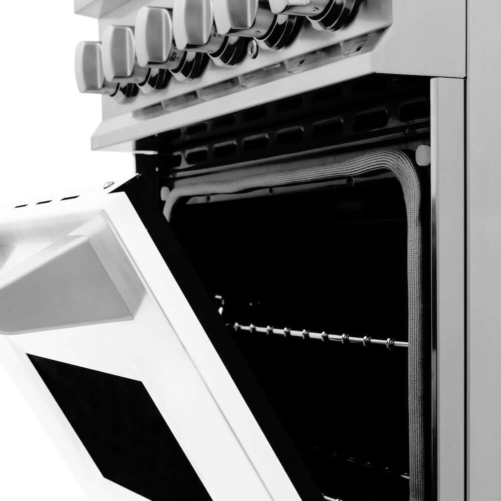 ZLINE 24 Inch 2.8 Cu. Ft. Dual Fuel Range - 4 Burner Gas Cooktop & Electric Convection Oven - Stainless Steel with White Matte Door (RA WM 24) - Perfect for Modern Kitchens & Professional Cooking
