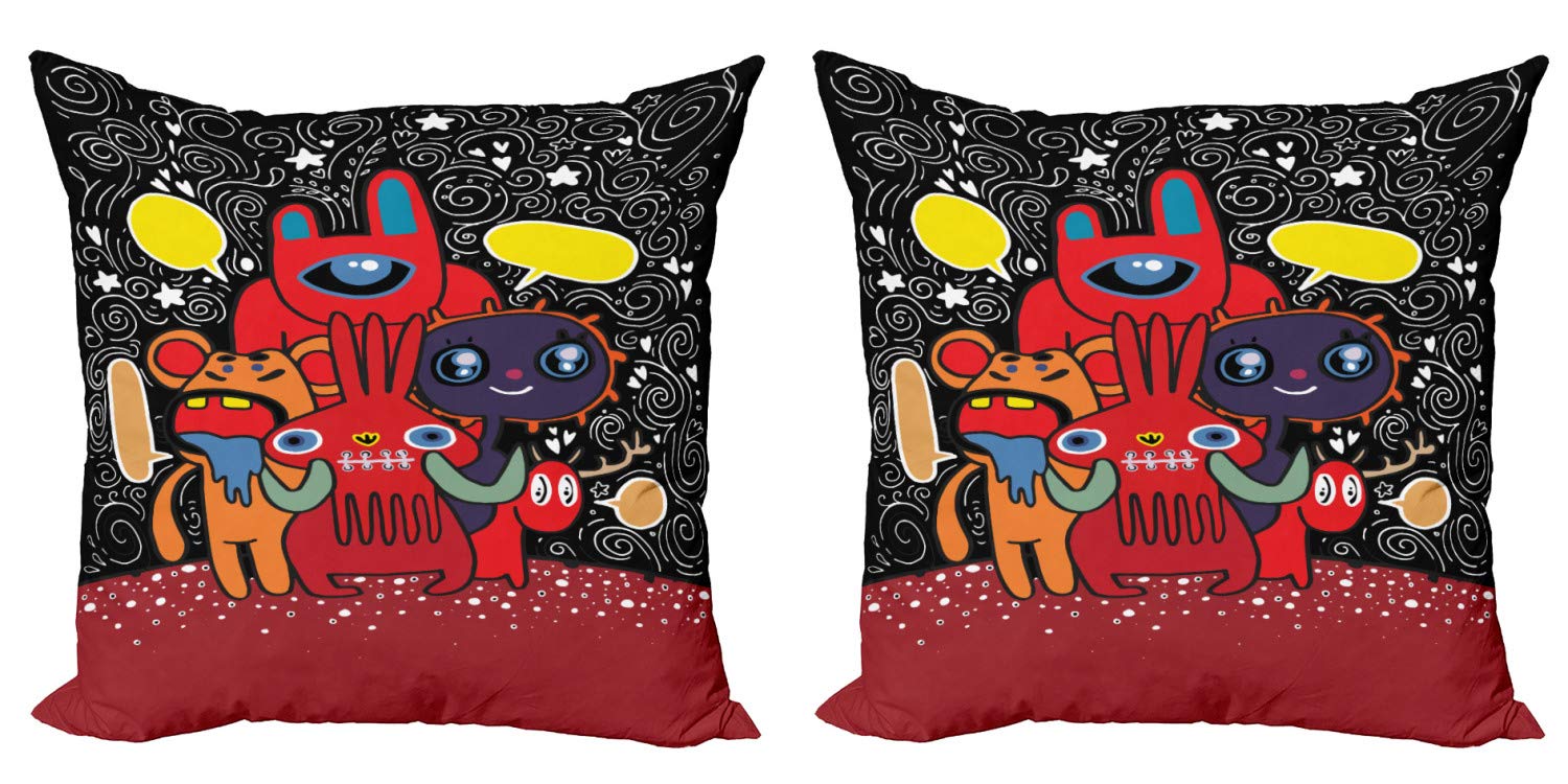 Ambesonne Indie Decorative Throw Pillow Covers Pack of 2 - Monster City Theme Funny Characters with Speech Bubbles, Floral Swirls, Hearts & Stars - 24 Inch Multicolor Cushion Covers for Couch, Bedroom & Living Room - Perfect for Home Decor, Gifts and Cozy Movie Nights