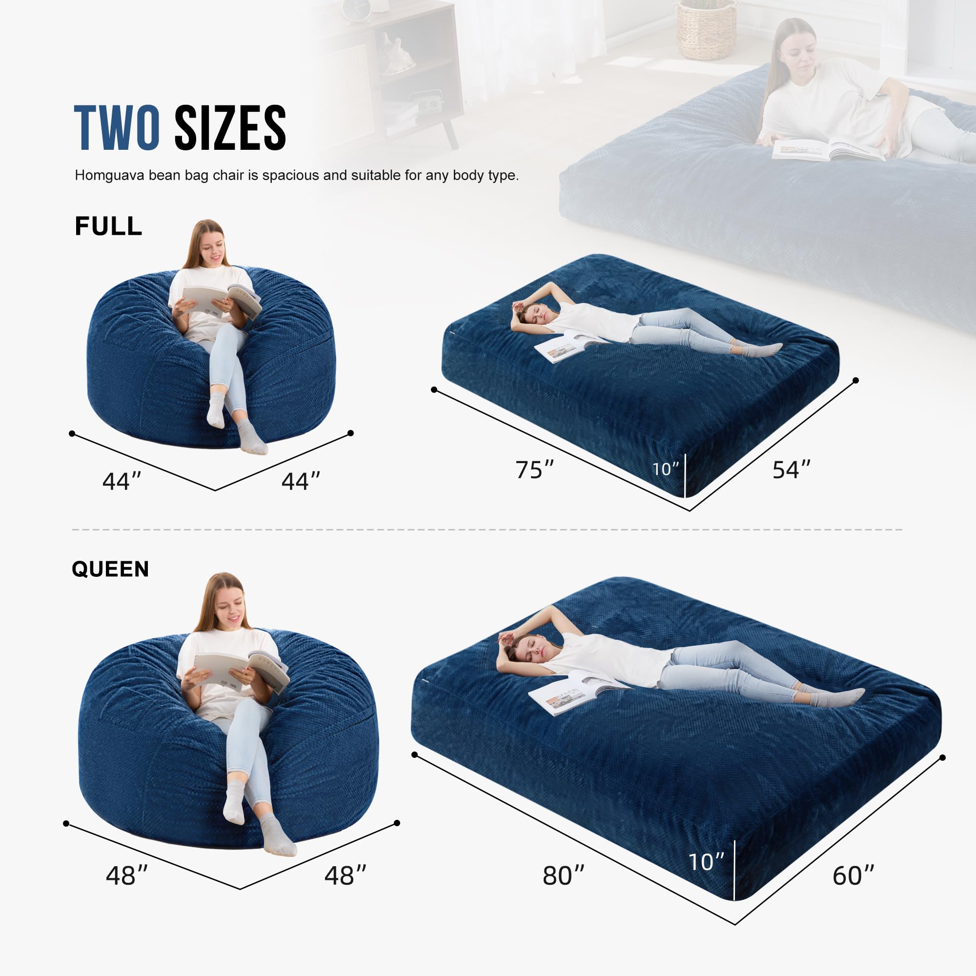 Homguava Chenille Bean Bag Chair - Convertible from Bean Bag to Mattress, Soft & Comfortable for Home, Living Room, Bedroom (Blue, Queen Size) | Perfect for Relaxing, Gaming, Reading & Small Space Living