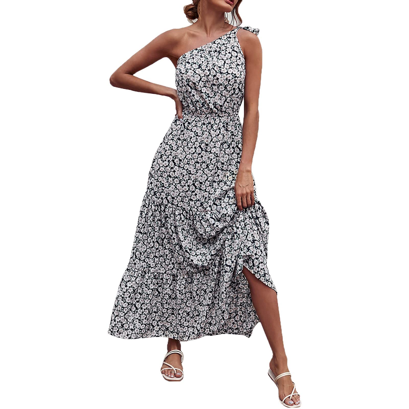 Women's One Shoulder Midi Dress - Flowy Bohemian Summer Sundress with Sleeveless Design for Casual Wear, Beach Vacation & Outdoor Parties | Elegant Swing Dress for Women