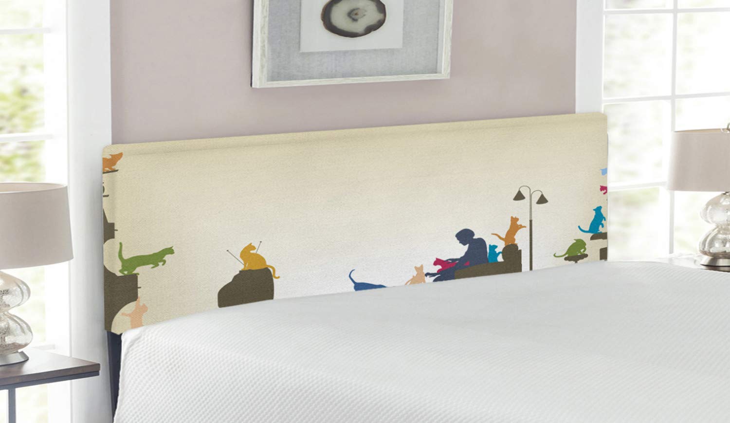 Ambesonne Modern Upholstered Headboard - Queen Size Colorful Artwork of City Life & Cat Lady, Decorative Metal Bed Frame with Memory Foam | Perfect for Contemporary Bedrooms, Guest Rooms & Cat Lovers' Spaces