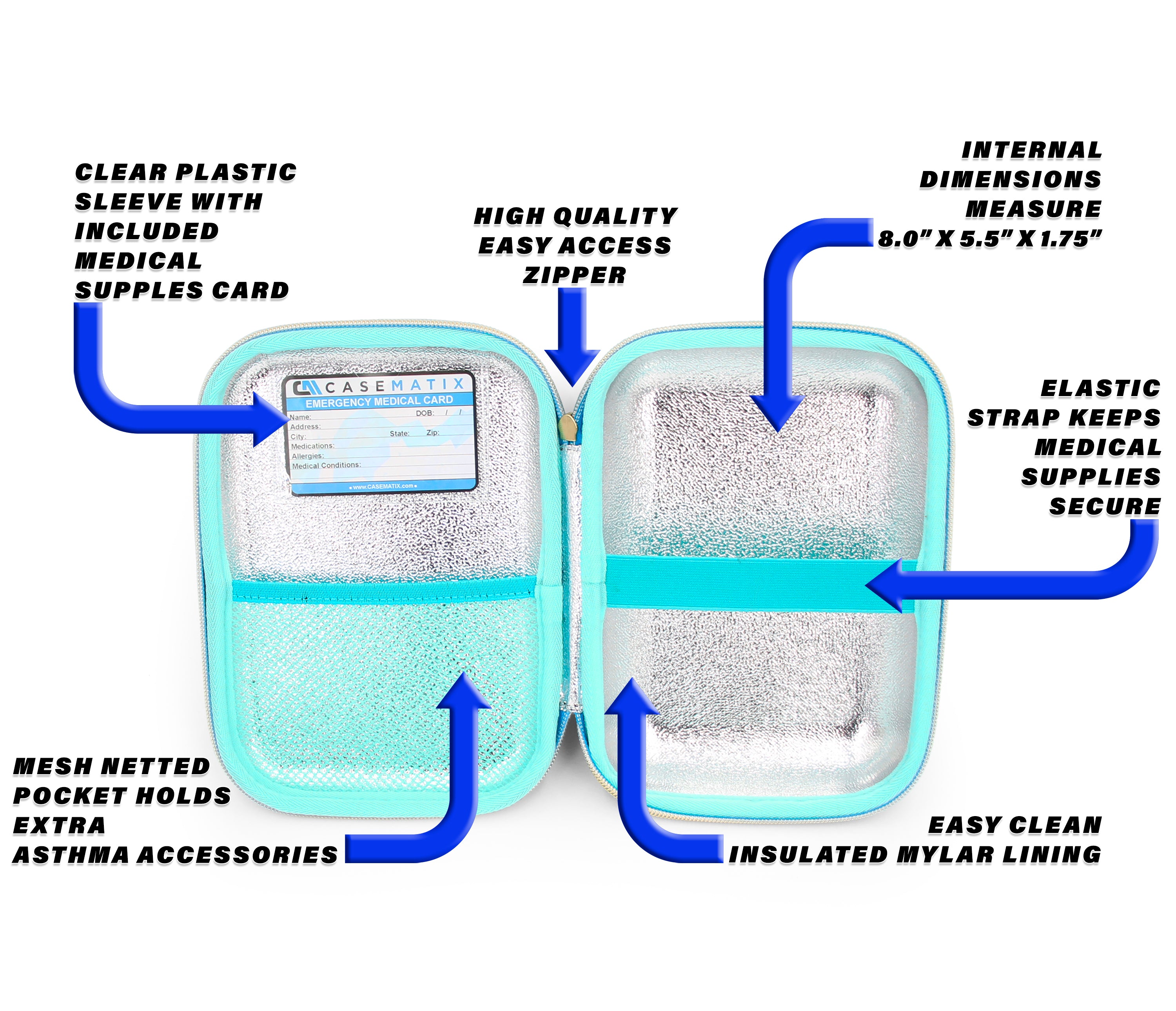 CASEMATIX 8 Turquoise Asthma Inhaler Travel Case - Fits Spacer, Mask & Accessories (Case Only) - Perfect for Air Travel, Outdoor Activities & Daily Protection
