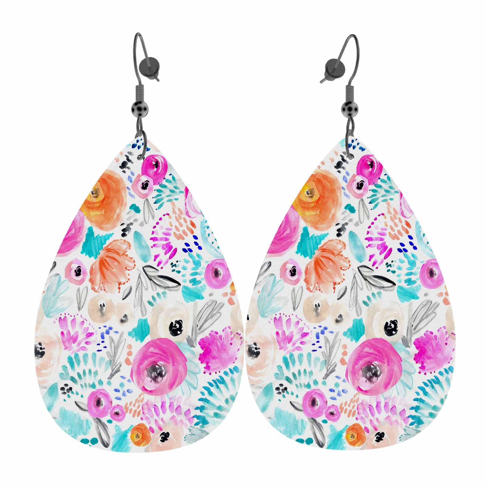 HOSNYE Doodle Watercolor Flowers Leather Earrings for Women - Cute Simple Leaves Petals Teardrop Double-Sided Dangle Lightweight Leaf Earrings - Perfect for Casual Wear, Boho Outfits, and Gift Giving
