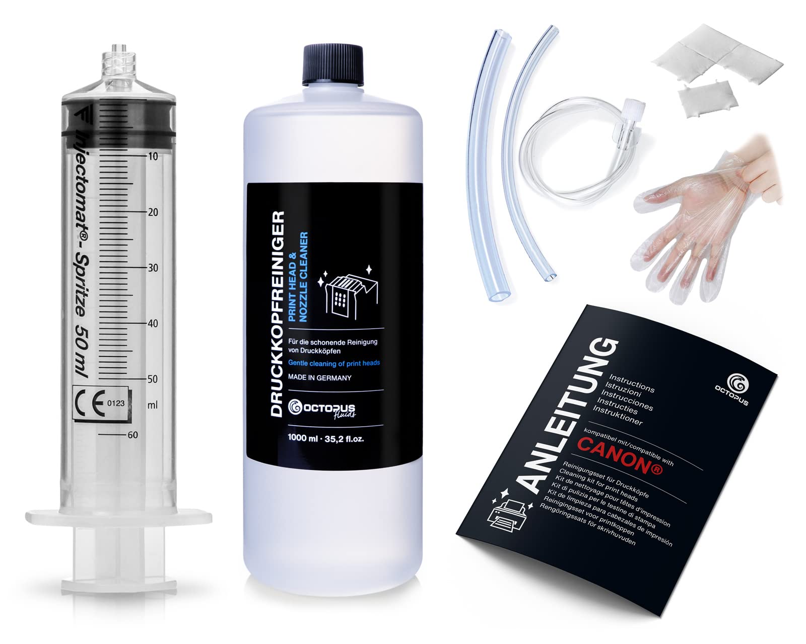 Octopus Nozzle Cleaner for Canon Pixma Print Heads - 1000ml Print Head Cleaning Solution with Hose Adapters | Compatible with Canon Inkjet Printers | Perfect for Home & Office Printer Maintenance