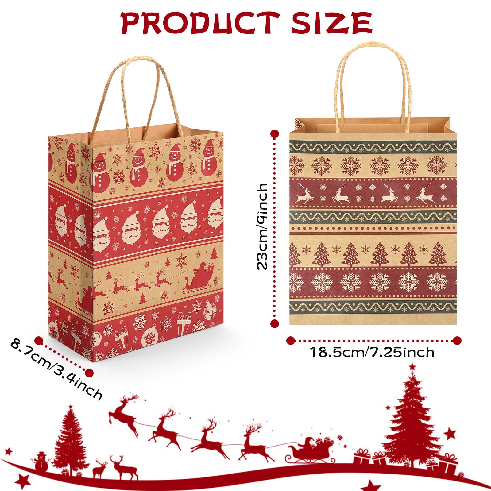 24-Piece Christmas Gift Bags Bulk with Handles - Kraft Paper Holiday Wrapping Bags for Party Favors, Gifts & Stocking Stuffers - Perfect for Christmas Celebrations, Office Exchanges & Festive Gift Giving