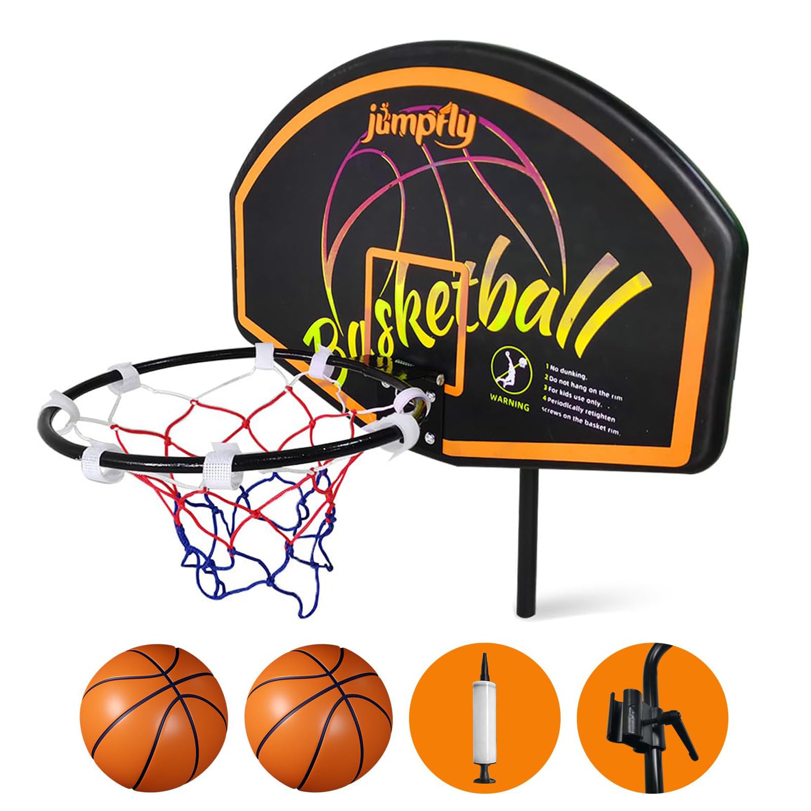 Jumpfly Trampoline Basketball Hoop Set - Universal Easy Install Basketball Hoop Attachment for Straight & Curved Trampoline Poles - Includes Mini Balls & Air Pump - Perfect for Backyard Fun, Kids Outdoor Games & Trampoline Exercise Accessories