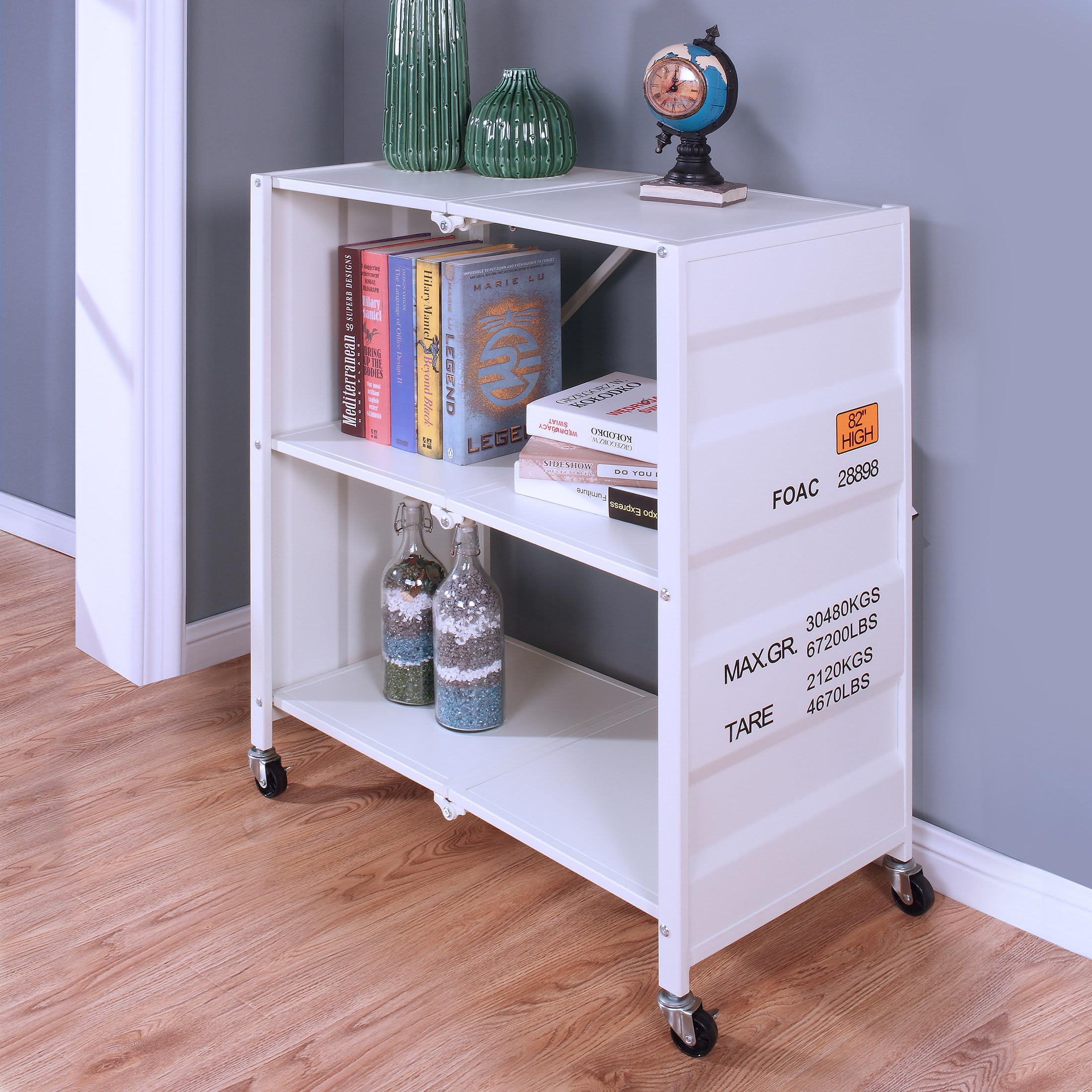 Furniture of America Lionna White Metal Folding Bookcase with Wheels - Portable Storage Solution for Home Office, Dorm Room & Small Spaces