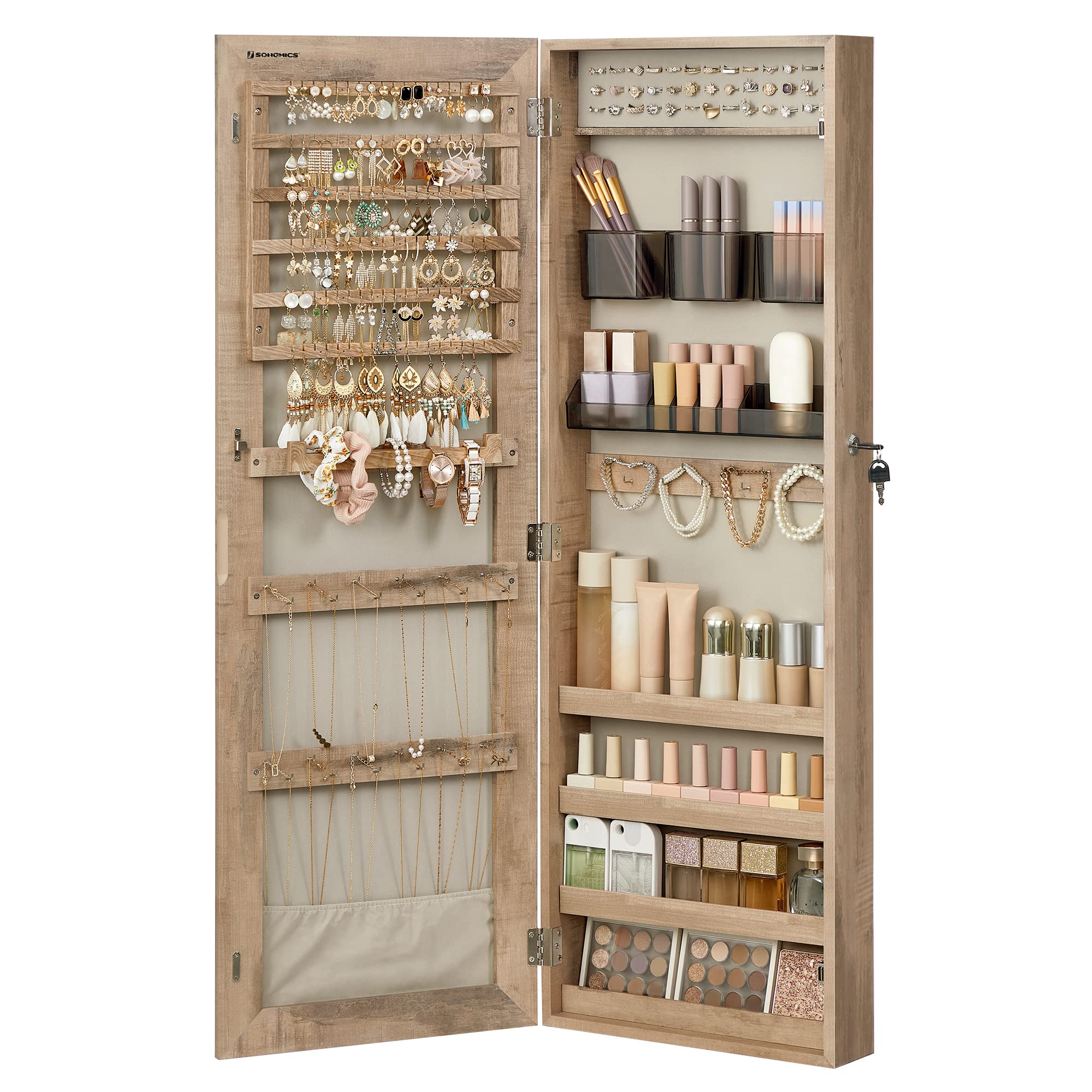 SONGMICS Wall Mounted Jewelry Cabinet with Mirror - Lockable Hanging Jewelry Organizer with 2 Cosmetic Trays, Toasted Oak Finish - Perfect for Bedroom, Bathroom or Closet Organization & Gift Giving